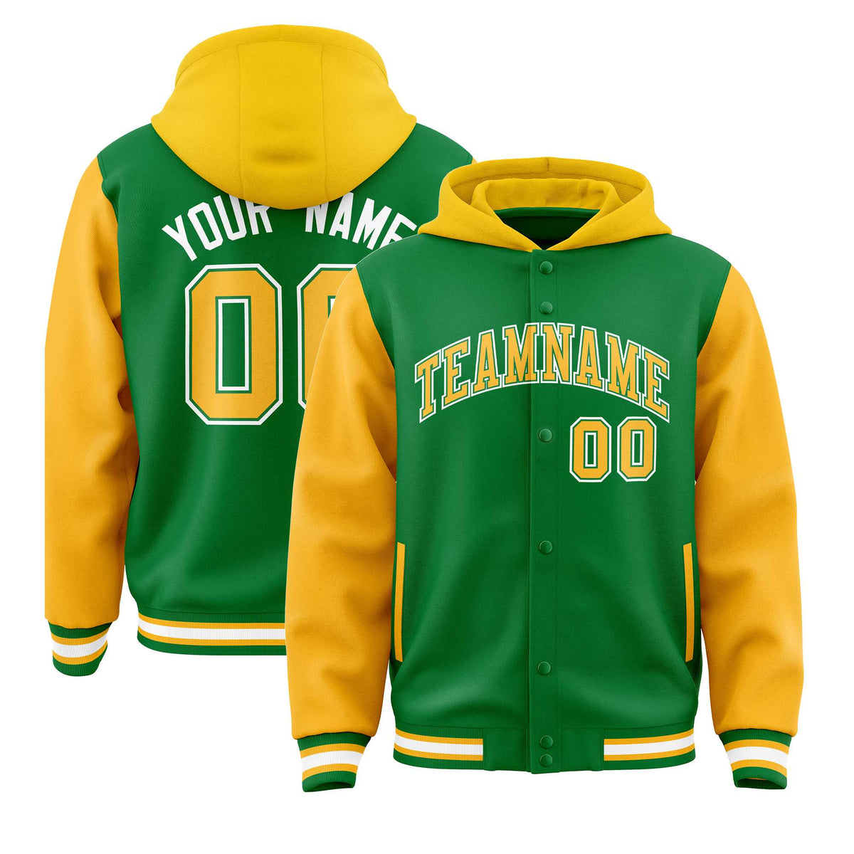 Custom Kelly Green Gold Raglan Sleeves Varsity Full-Snap Letterman Two Tone Jacket Hoodie| KXKSHOP