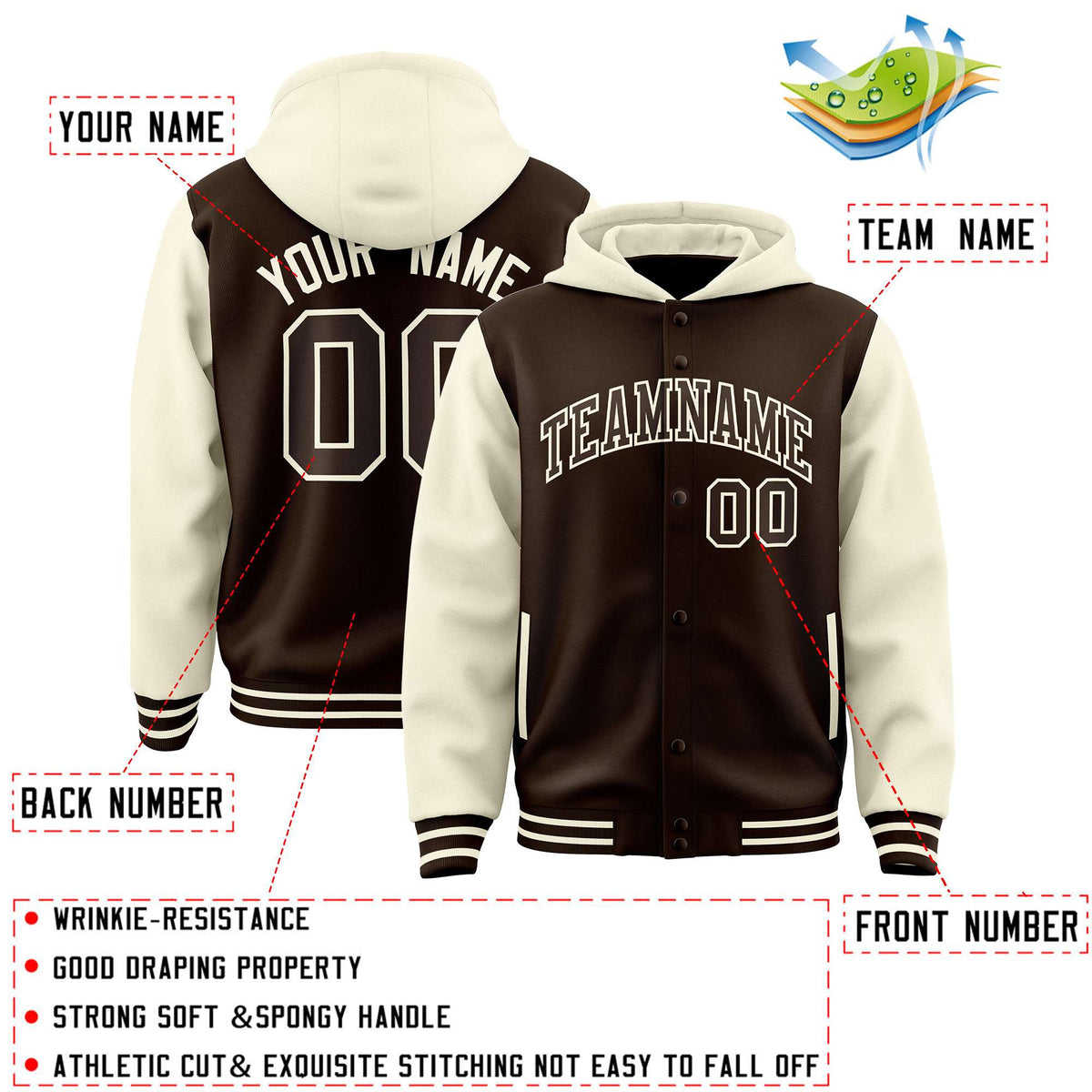 Custom Brown Cream Raglan Sleeves Varsity Full-Snap Letterman Two Tone Jacket Hoodie| KXKSHOP