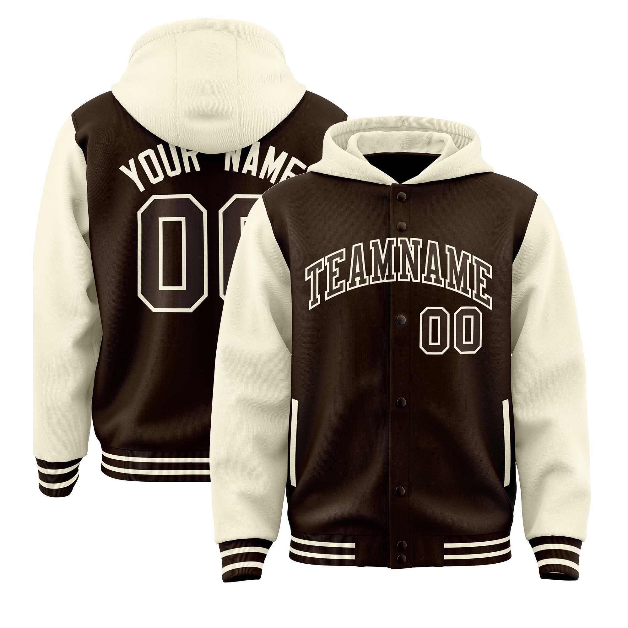 Custom Brown Cream Raglan Sleeves Varsity Full-Snap Letterman Two Tone Jacket Hoodie| KXKSHOP