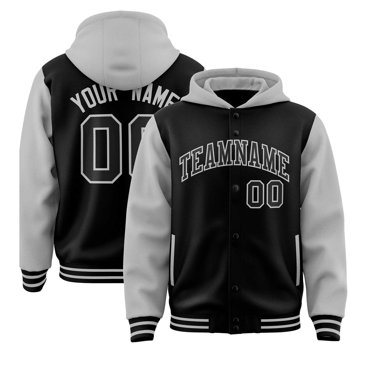 Custom Black Gray Raglan Sleeves Varsity Full-Snap Letterman Two Tone Jacket Hoodie| KXKSHOP