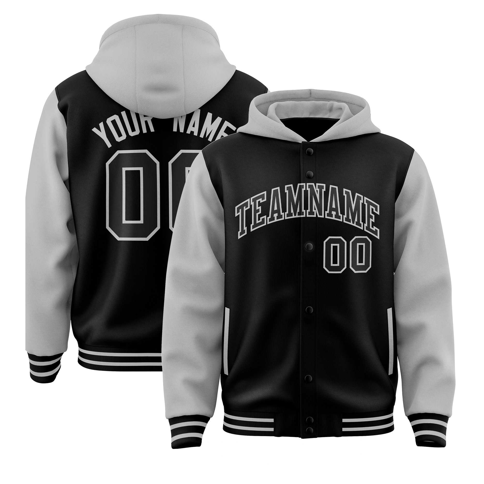 Custom Black Gray Raglan Sleeves Varsity Full-Snap Letterman Two Tone Jacket Hoodie| KXKSHOP