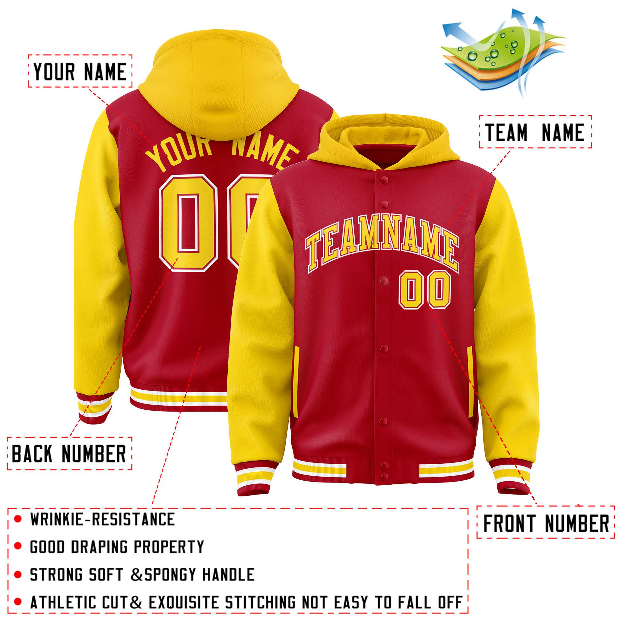 Custom Red Gold Raglan Sleeves Varsity Full-Snap Letterman Two Tone Jacket Hoodie| KXKSHOP