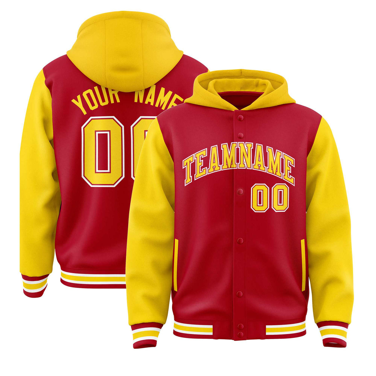Custom Red Gold Raglan Sleeves Varsity Full-Snap Letterman Two Tone Jacket Hoodie| KXKSHOP