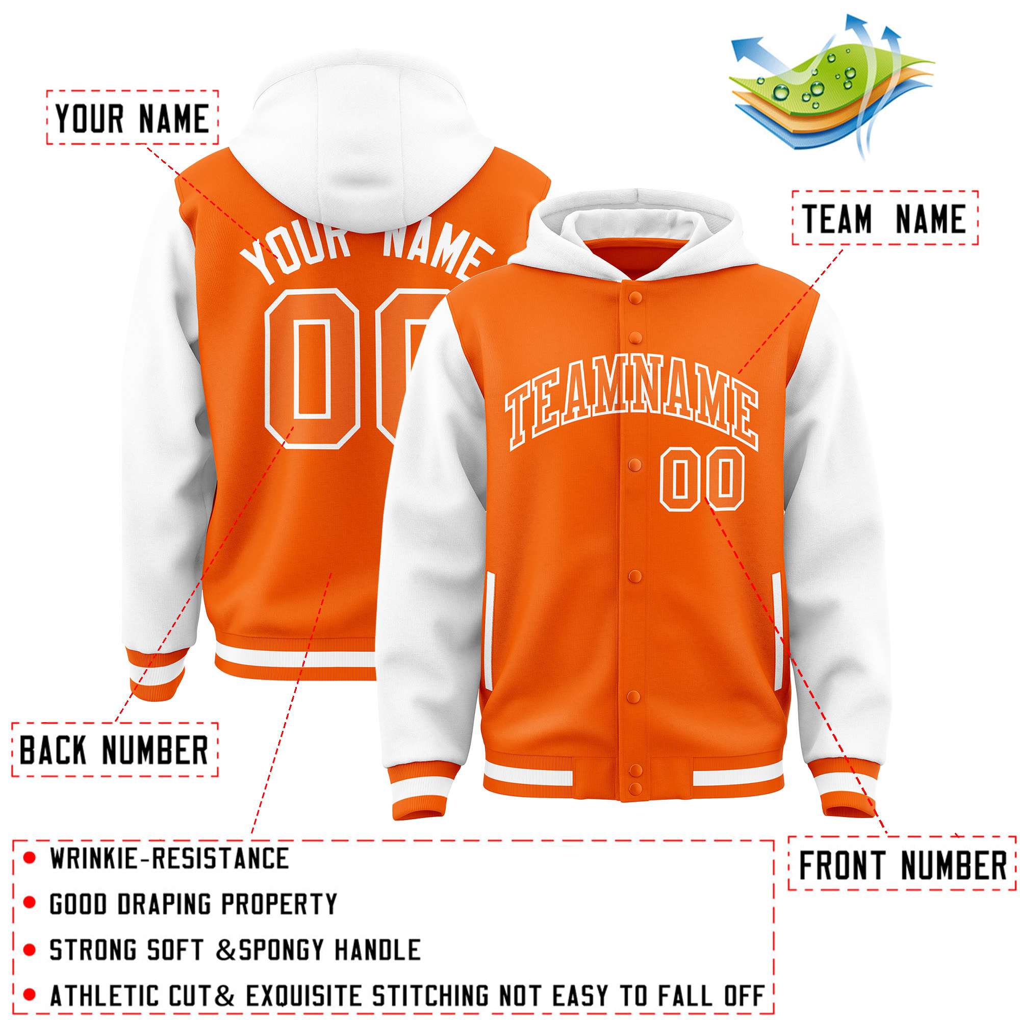 Custom Orange White Raglan Sleeves Varsity Full-Snap Letterman Two Tone Jacket Hoodie| KXKSHOP