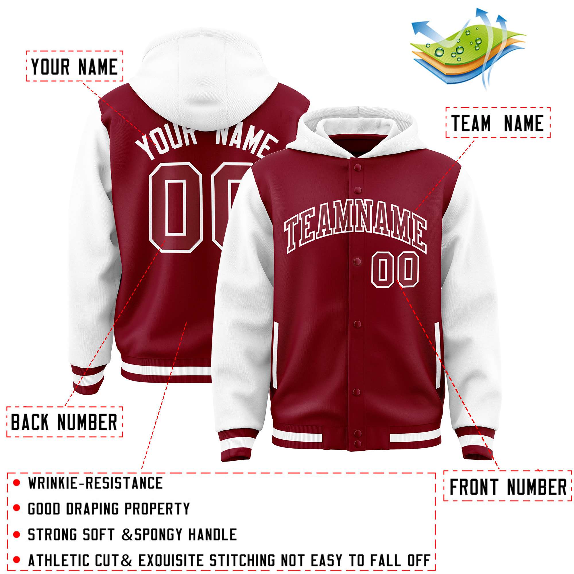 Custom Crimson White Raglan Sleeves Varsity Full-Snap Letterman Two Tone Jacket Hoodie| KXKSHOP