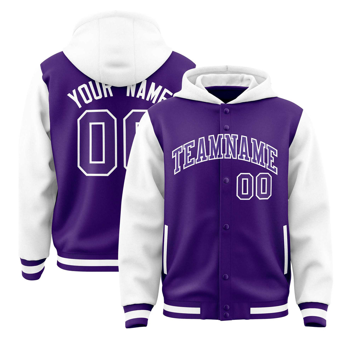 Custom Purple White Raglan Sleeves Varsity Full-Snap Letterman Two Tone Jacket Hoodie| KXKSHOP