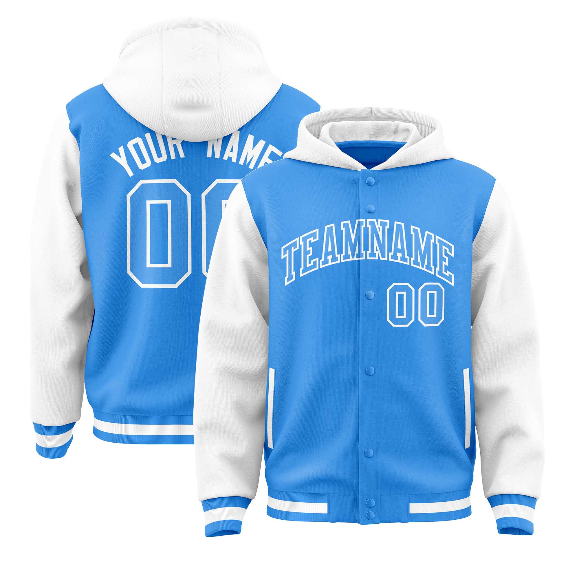 Custom Powder Blue White Raglan Sleeves Varsity Full-Snap Letterman Two Tone Jacket Hoodie| KXKSHOP