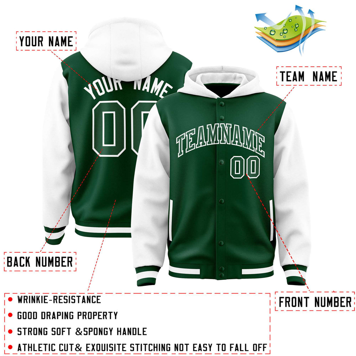 Custom Green White Raglan Sleeves Varsity Full-Snap Letterman Two Tone Jacket Hoodie| KXKSHOP