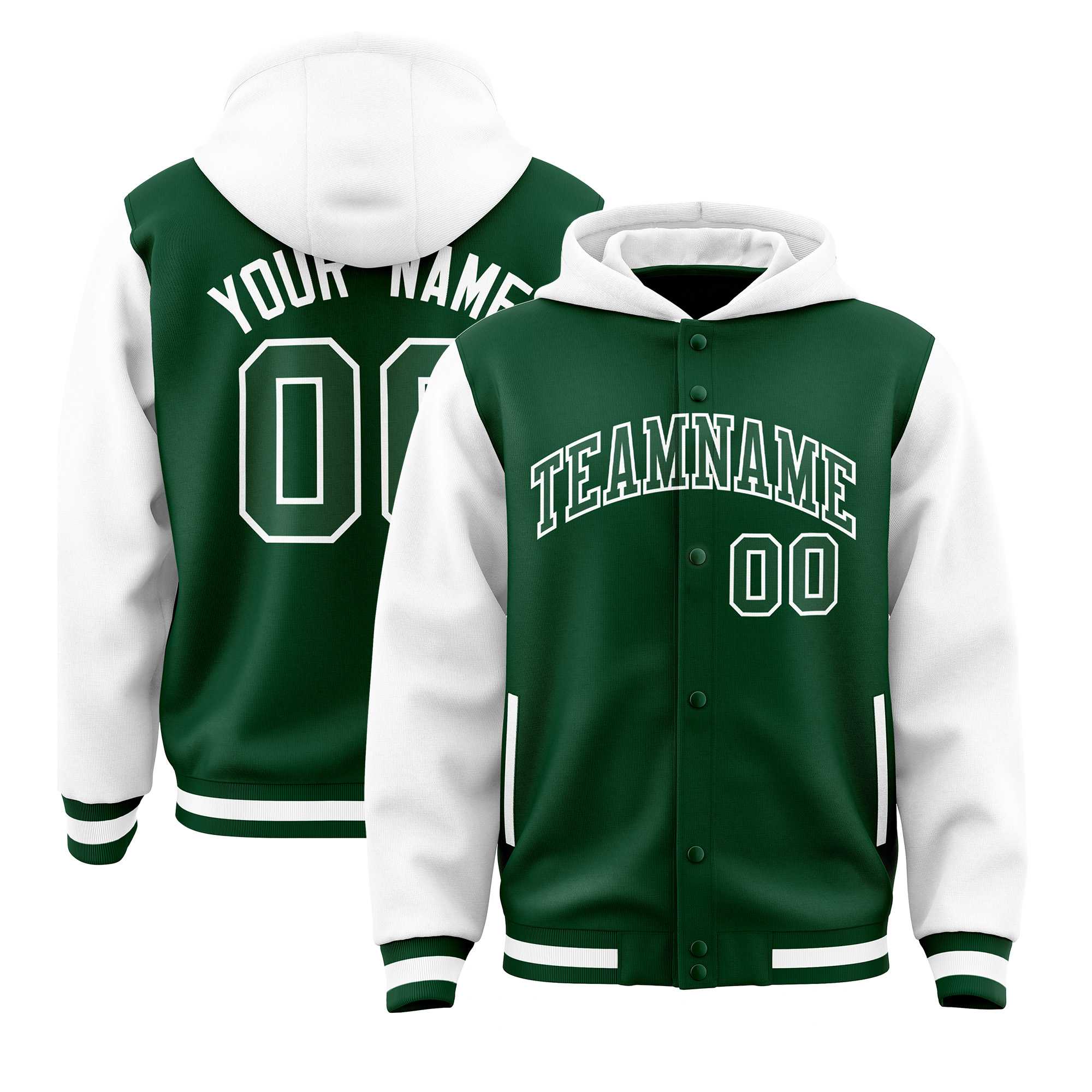 Custom Green White Raglan Sleeves Varsity Full-Snap Letterman Two Tone Jacket Hoodie| KXKSHOP