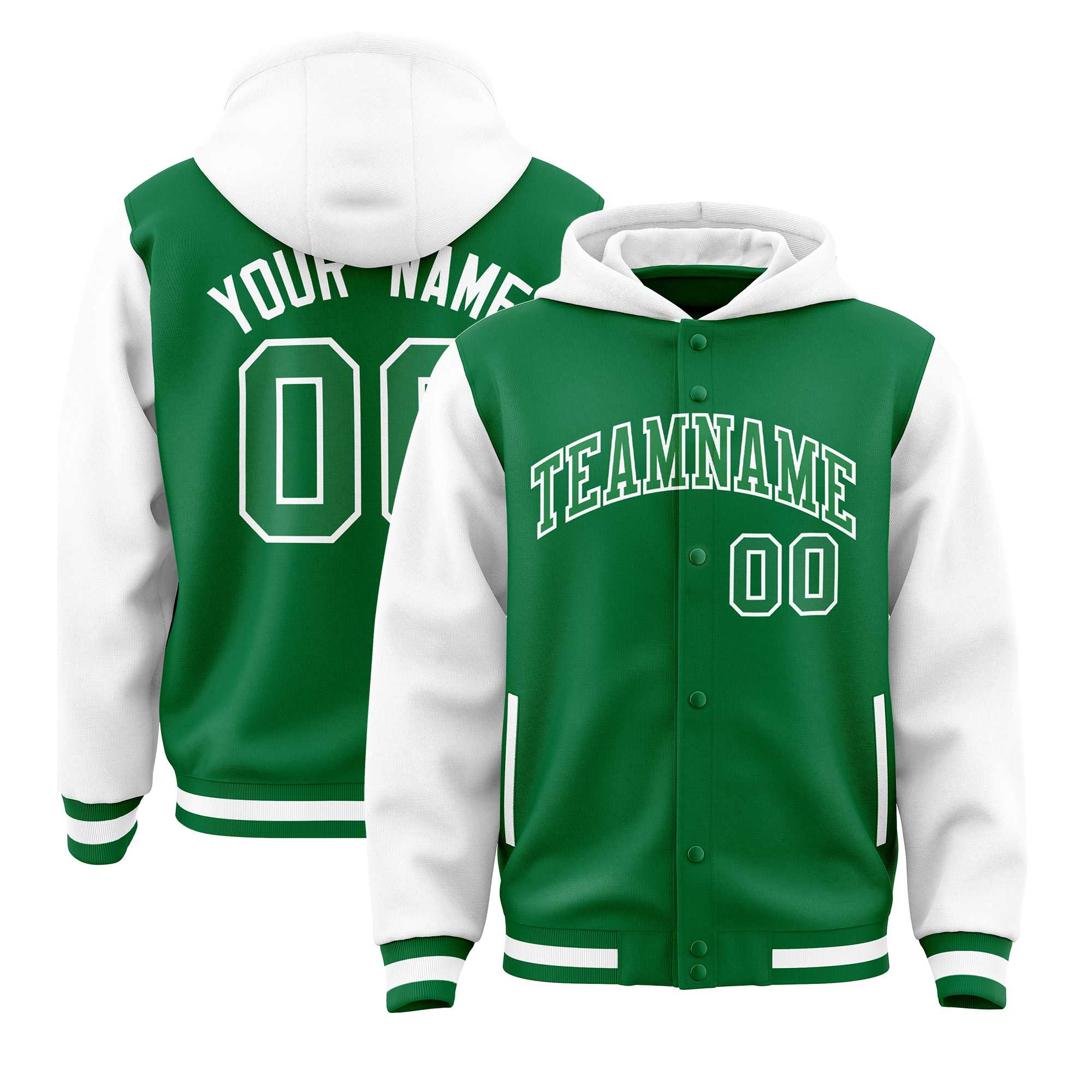Custom Kelly Green White Raglan Sleeves Varsity Full-Snap Letterman Two Tone Jacket Hoodie| KXKSHOP