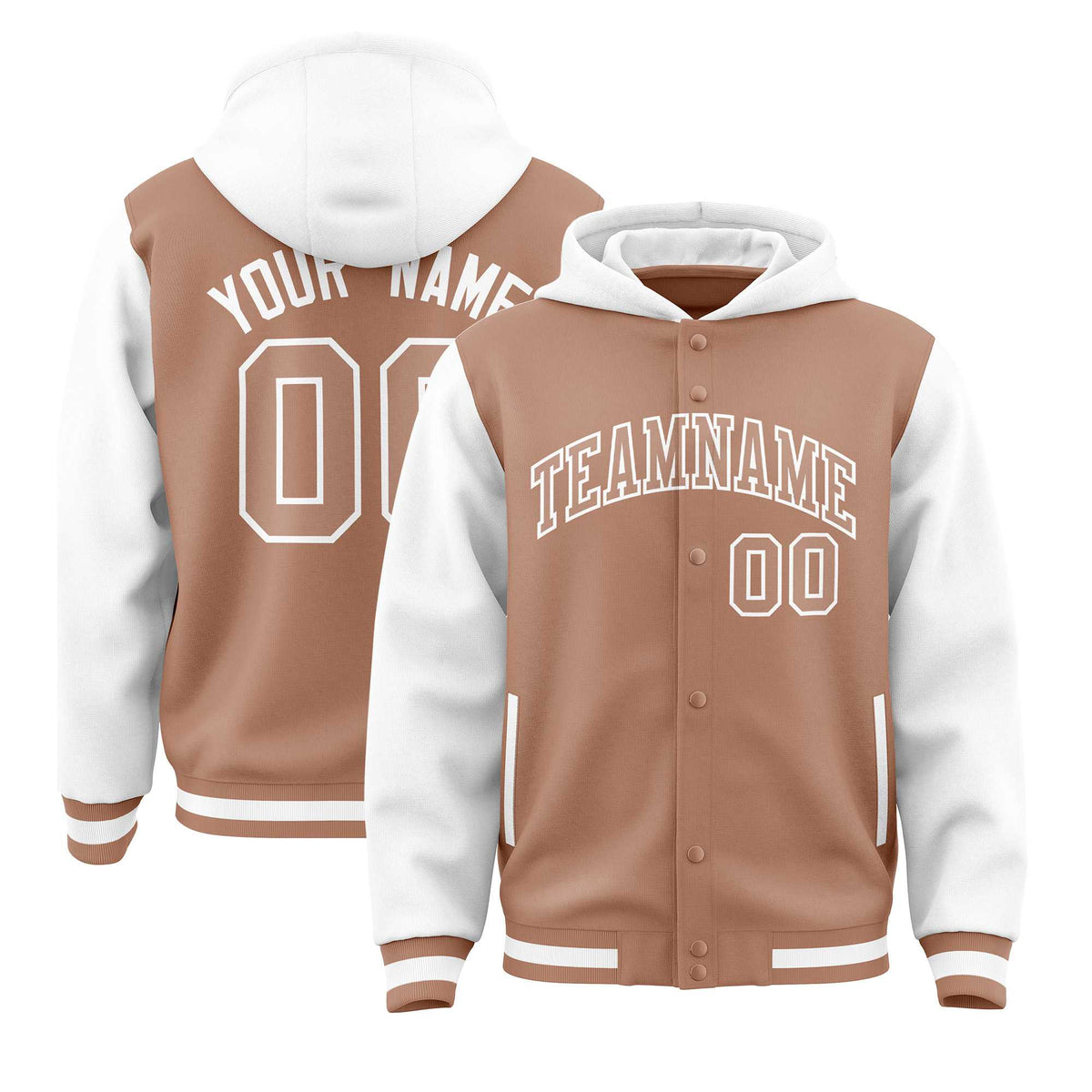 Custom Teabrown White Raglan Sleeves Varsity Full-Snap Letterman Two Tone Jacket Hoodie| KXKSHOP