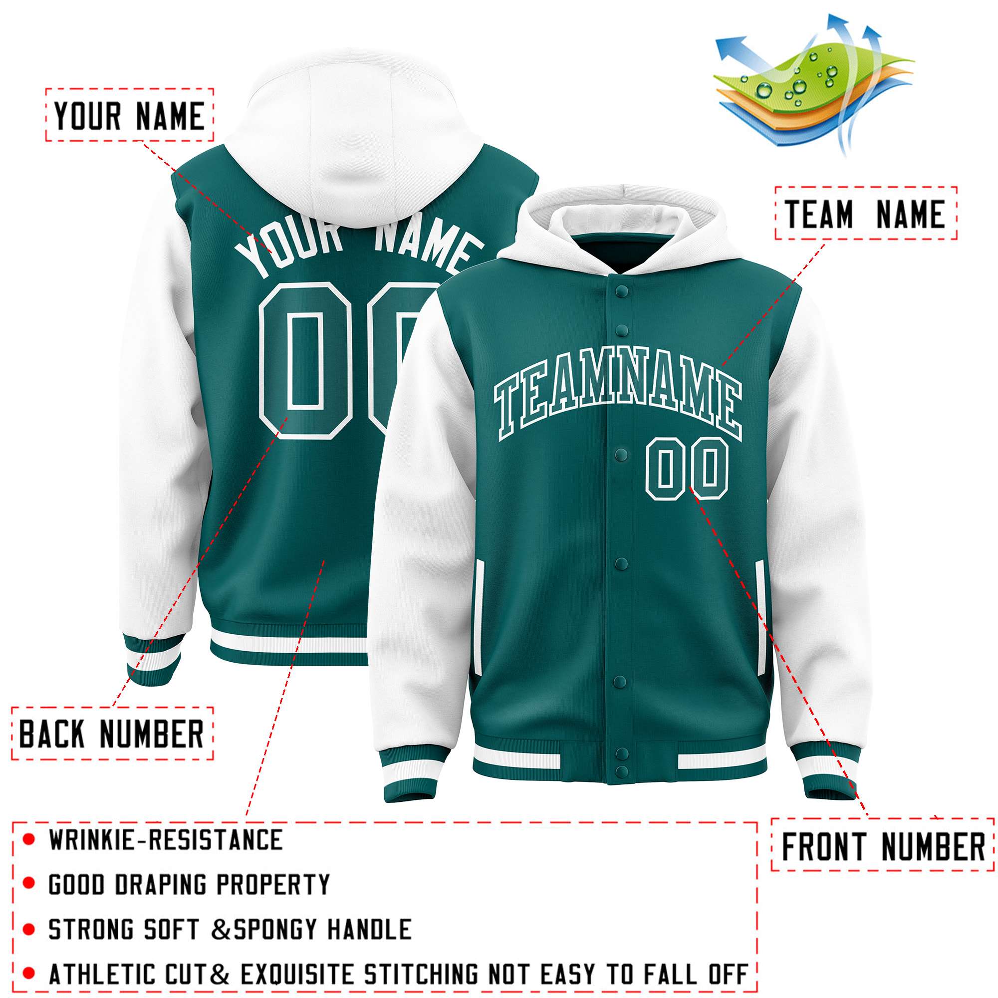 Custom Aqua White Raglan Sleeves Varsity Full-Snap Letterman Two Tone Jacket Hoodie| KXKSHOP