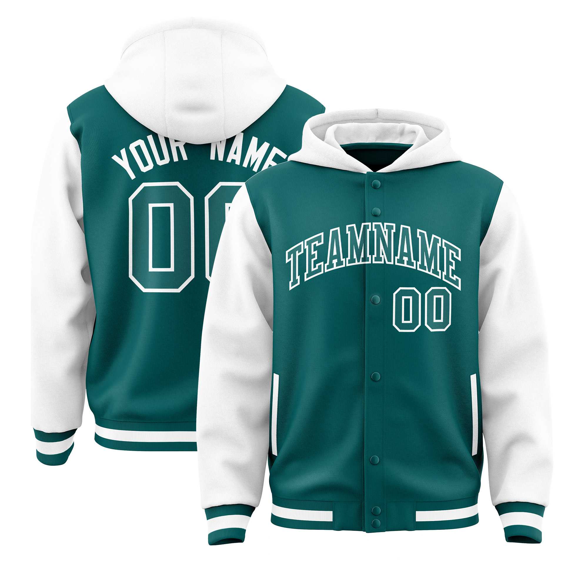 Custom Aqua White Raglan Sleeves Varsity Full-Snap Letterman Two Tone Jacket Hoodie| KXKSHOP