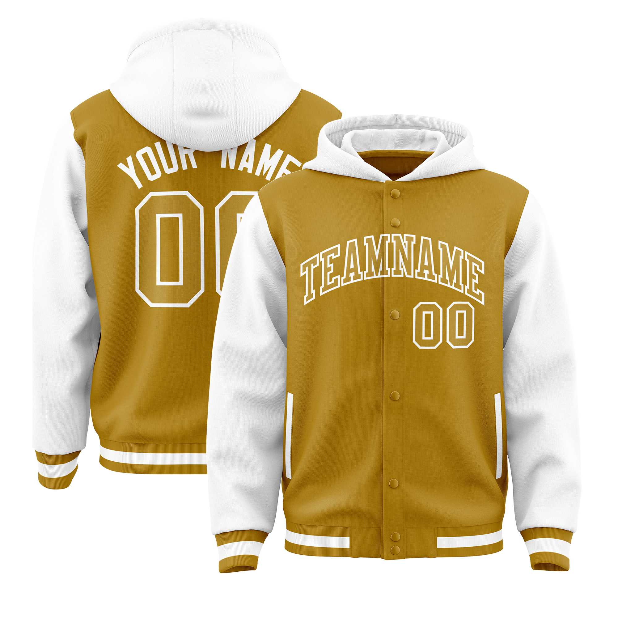 Custom Old Gold White Raglan Sleeves Varsity Full-Snap Letterman Two Tone Jacket Hoodie| KXKSHOP