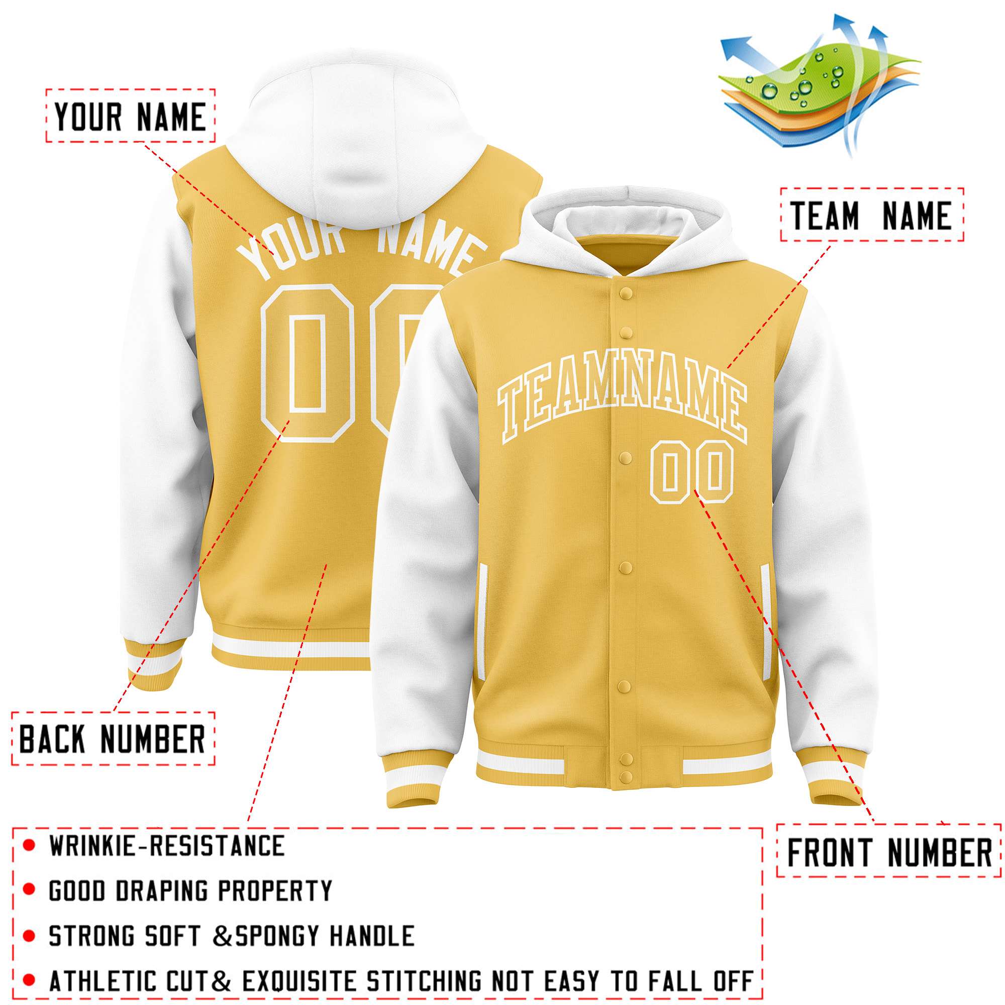 Custom Yellow White Raglan Sleeves Varsity Full-Snap Letterman Two Tone Jacket Hoodie| KXKSHOP