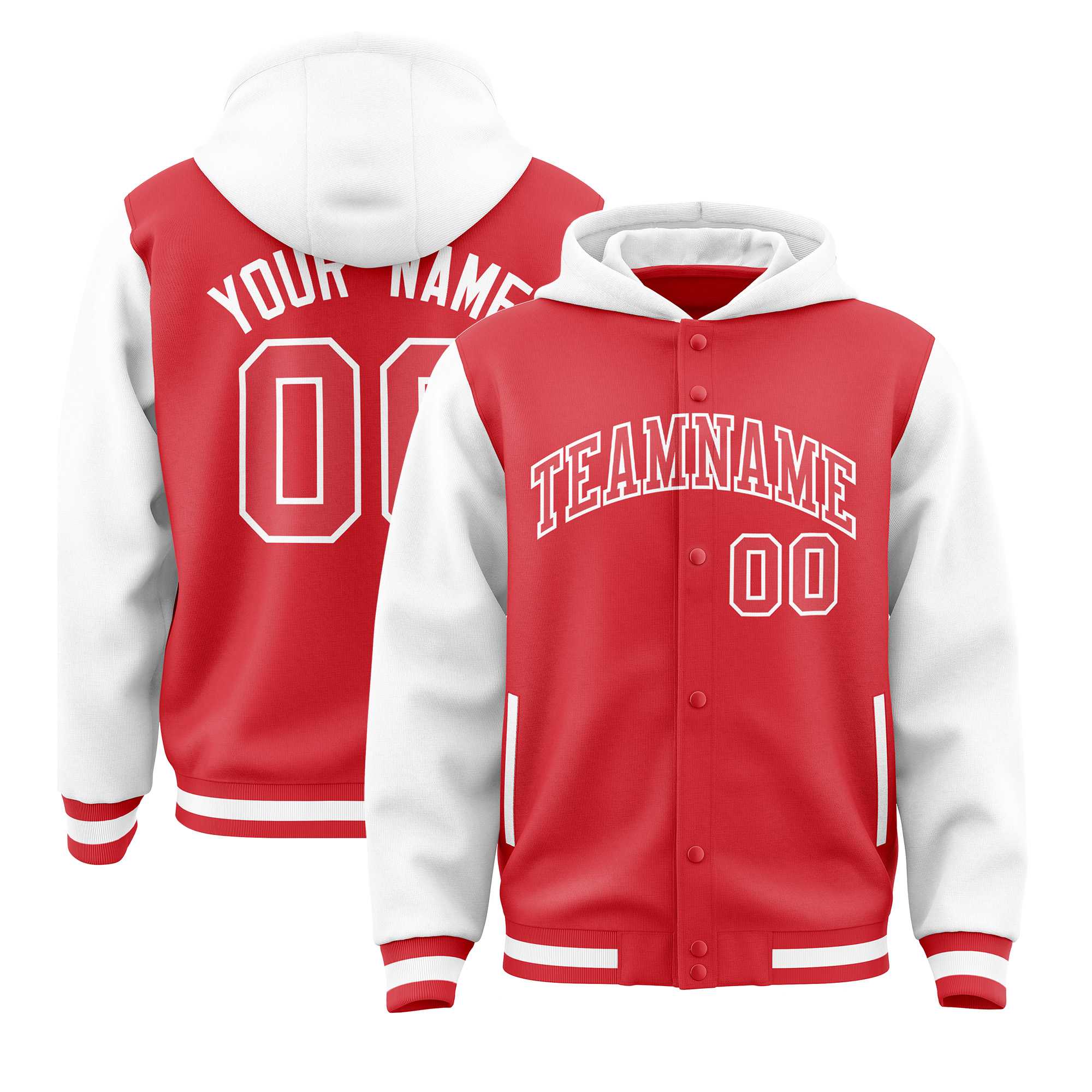 Custom Light Red White Raglan Sleeves Varsity Full-Snap Letterman Two Tone Jacket Hoodie| KXKSHOP