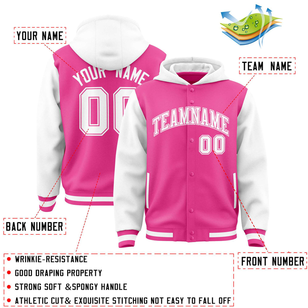 Custom Pink White Raglan Sleeves Varsity Full-Snap Letterman Two Tone Jacket Hoodie| KXKSHOP