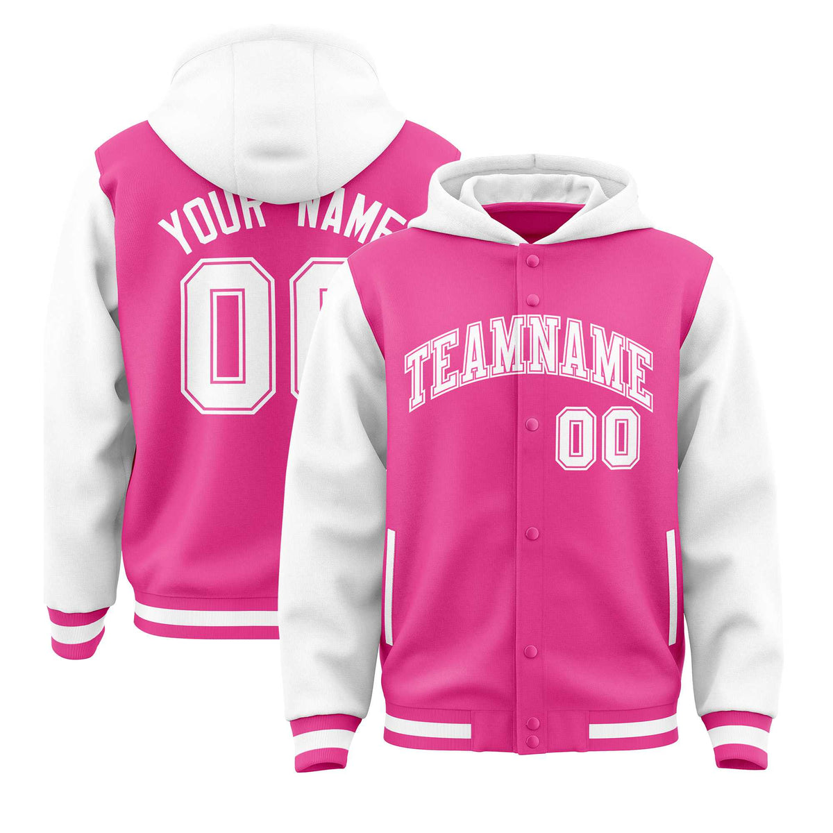 Custom Pink White Raglan Sleeves Varsity Full-Snap Letterman Two Tone Jacket Hoodie| KXKSHOP