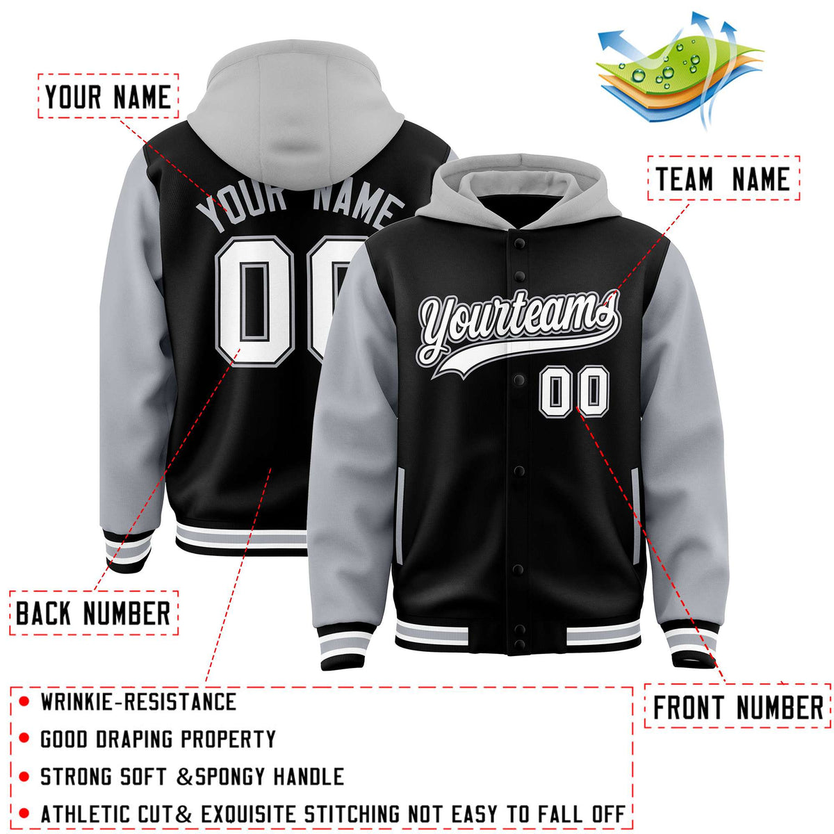 Custom Black Gray Raglan Sleeves Varsity Full-Snap Letterman Two Tone Jacket Hoodie| KXKSHOP