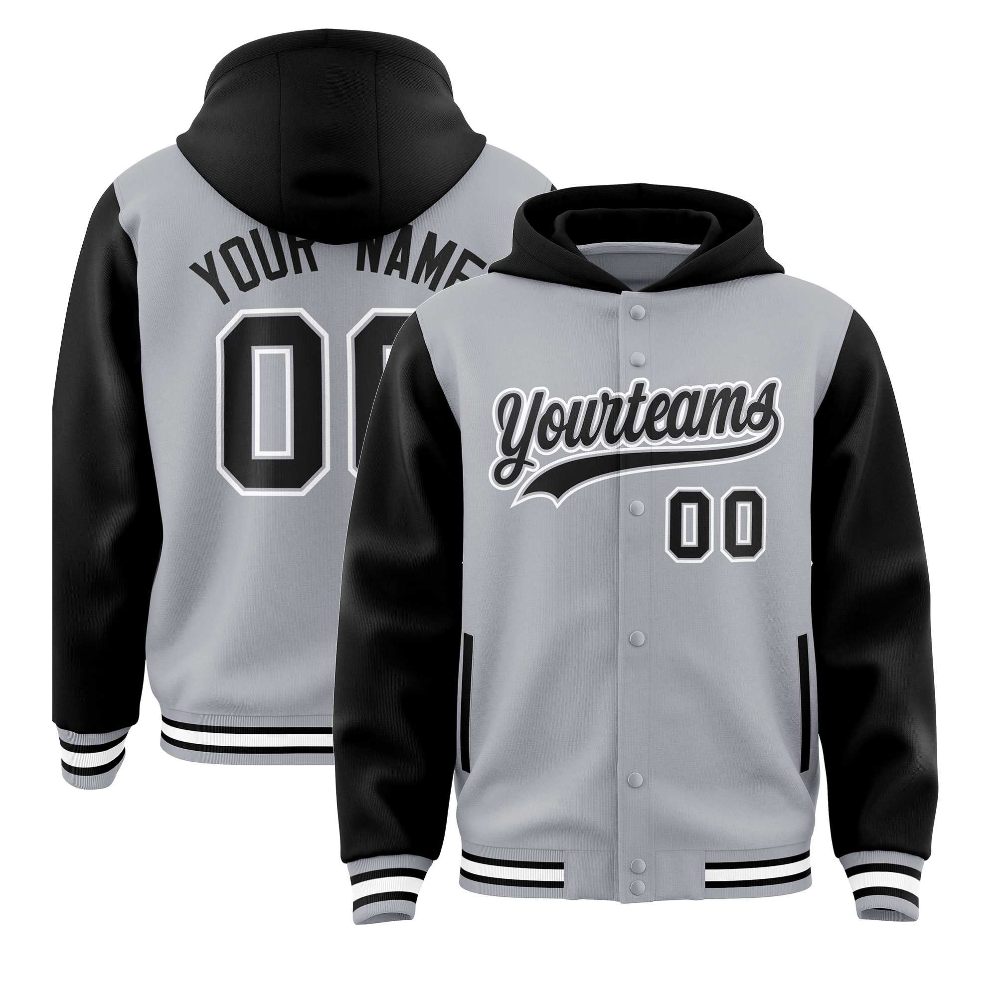 Custom Gray Black Raglan Sleeves Varsity Full-Snap Letterman Two Tone Jacket Hoodie| KXKSHOP
