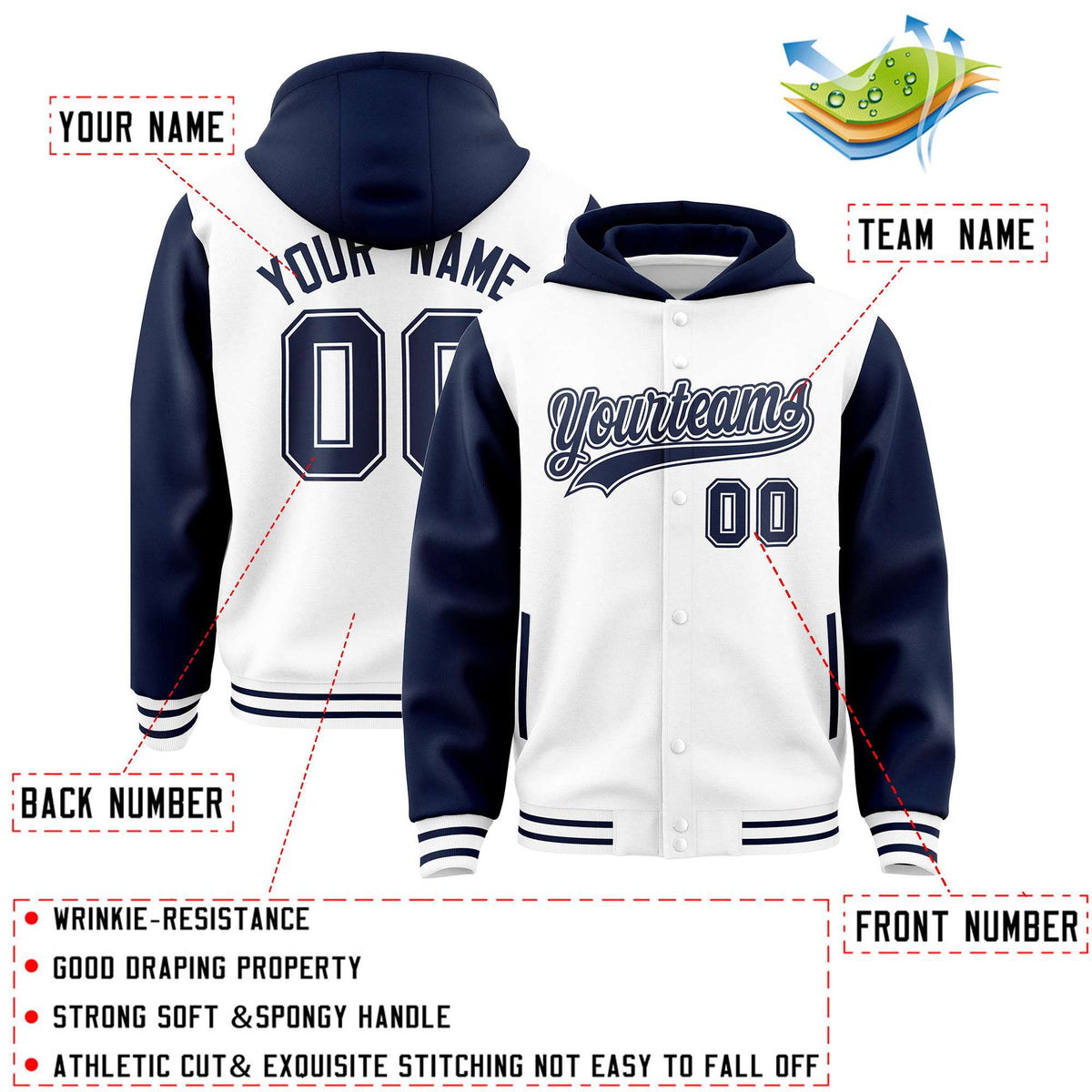 Custom White Navy Raglan Sleeves Varsity Full-Snap Letterman Two Tone Jacket Hoodie| KXKSHOP
