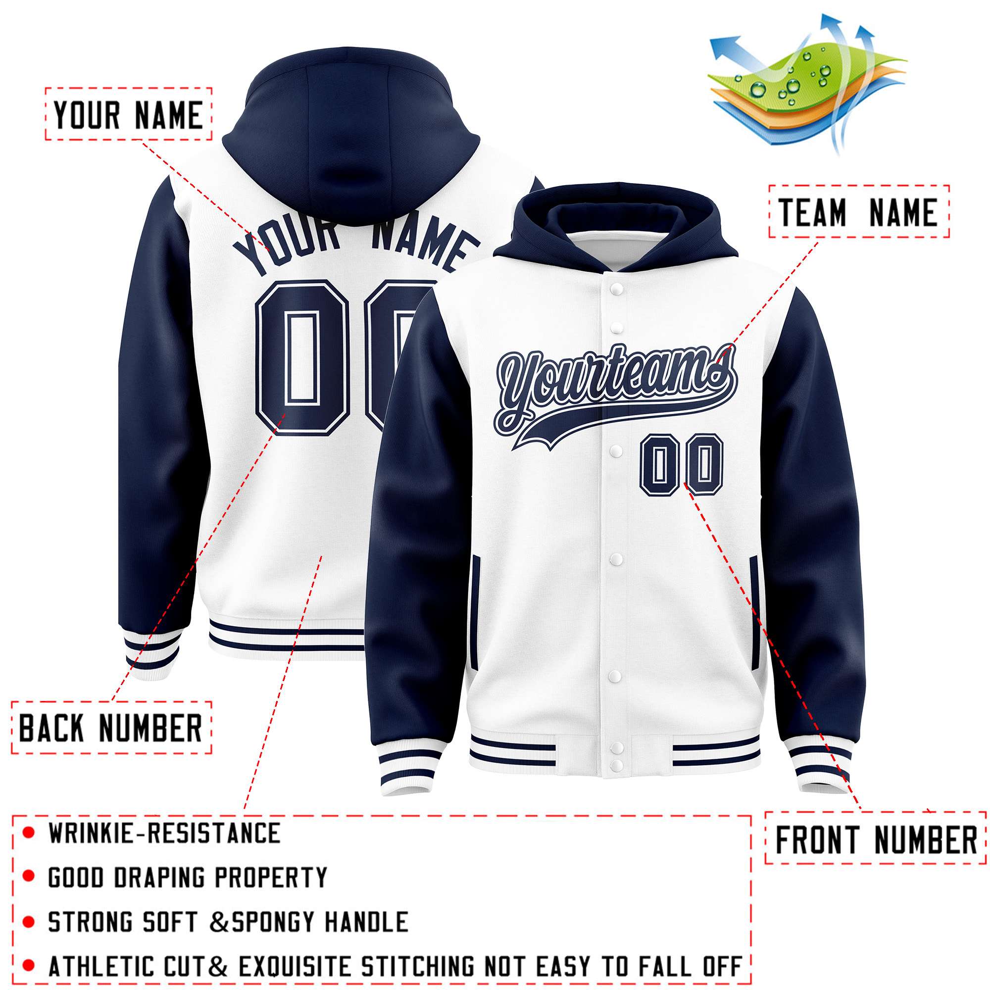 Custom White Navy Raglan Sleeves Varsity Full-Snap Letterman Two Tone Jacket Hoodie| KXKSHOP
