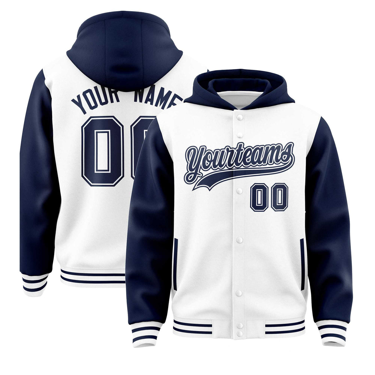 Custom White Navy Raglan Sleeves Varsity Full-Snap Letterman Two Tone Jacket Hoodie| KXKSHOP