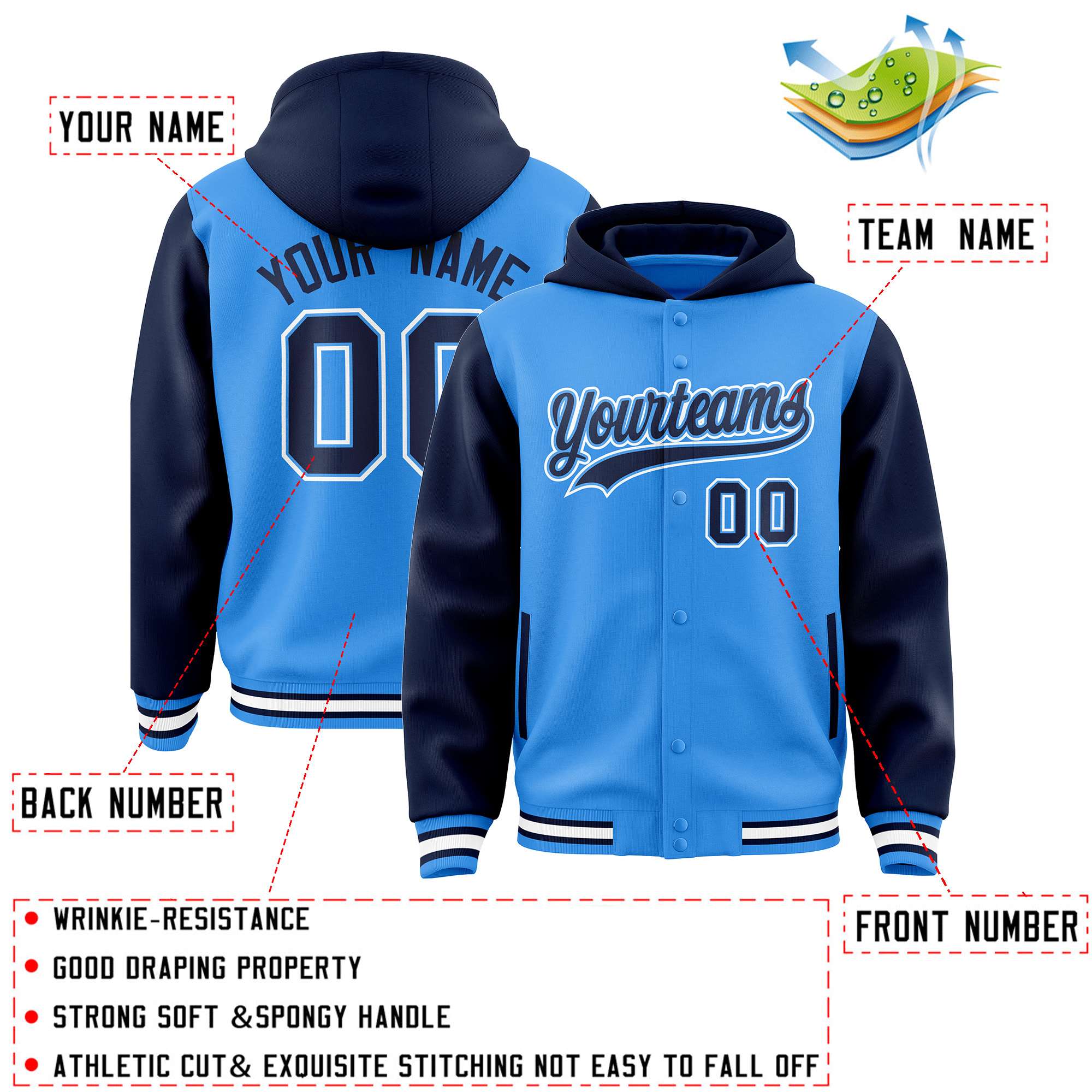 Custom Powder Blue Navy Raglan Sleeves Varsity Full-Snap Letterman Two Tone Jacket Hoodie| KXKSHOP