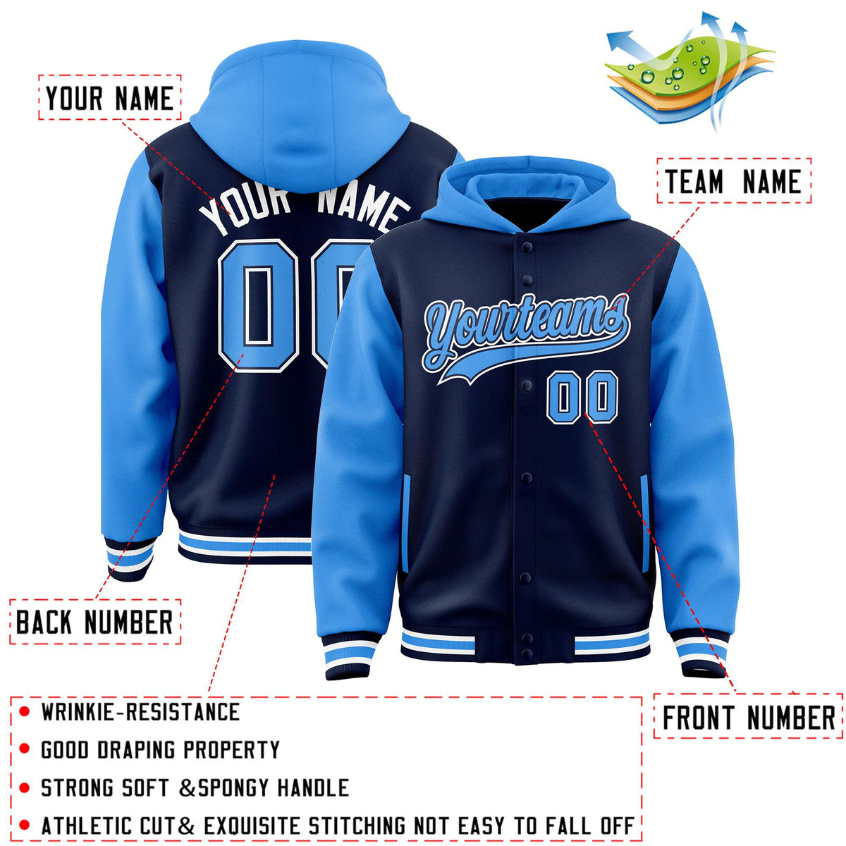 Custom Navy Powder Blue Raglan Sleeves Varsity Full-Snap Letterman Two Tone Jacket Hoodie| KXKSHOP