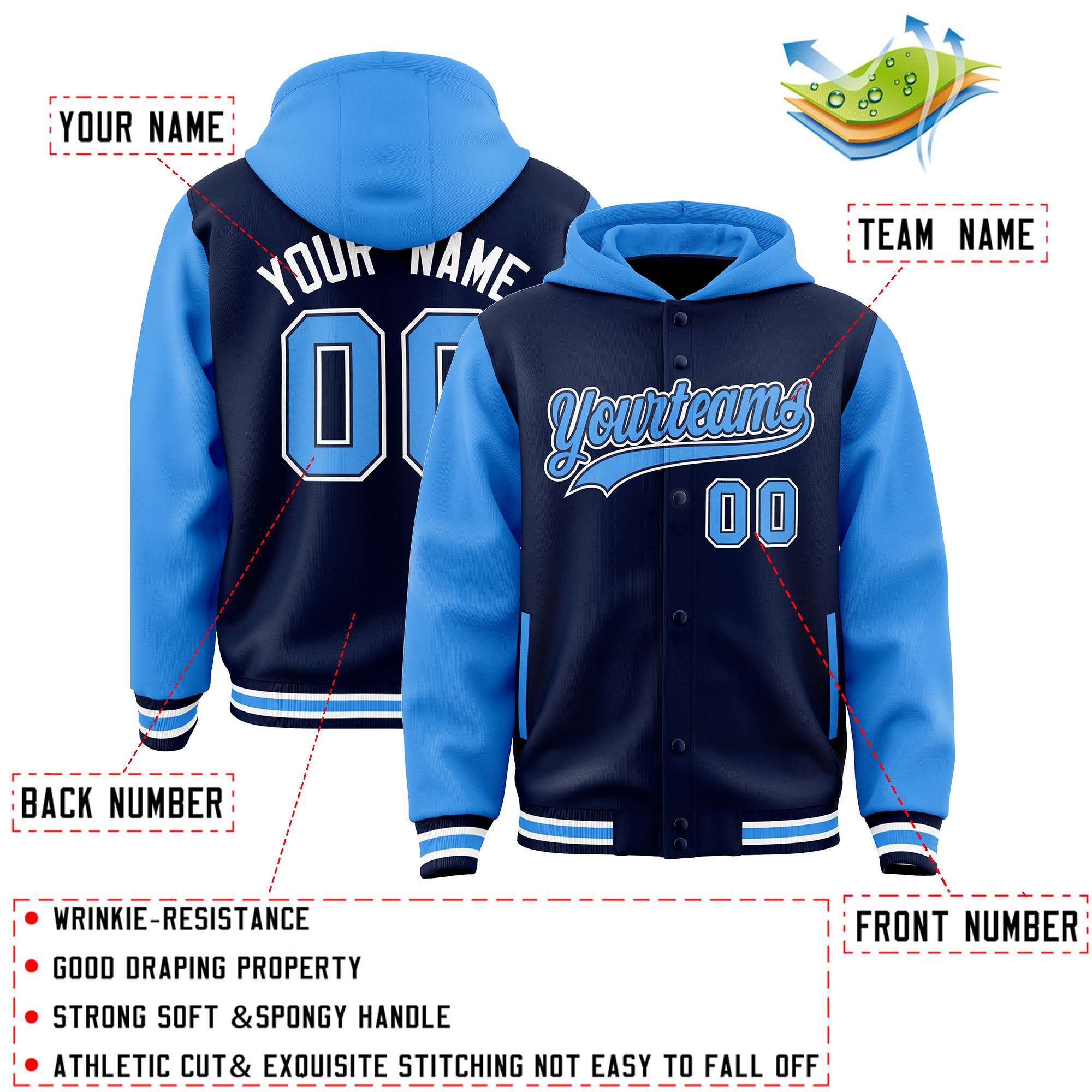 Custom Navy Powder Blue Raglan Sleeves Varsity Full-Snap Letterman Two Tone Jacket Hoodie| KXKSHOP