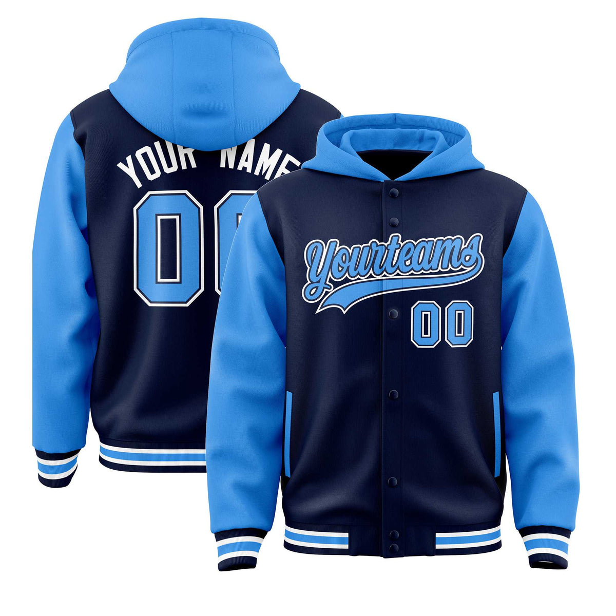 Custom Navy Powder Blue Raglan Sleeves Varsity Full-Snap Letterman Two Tone Jacket Hoodie| KXKSHOP