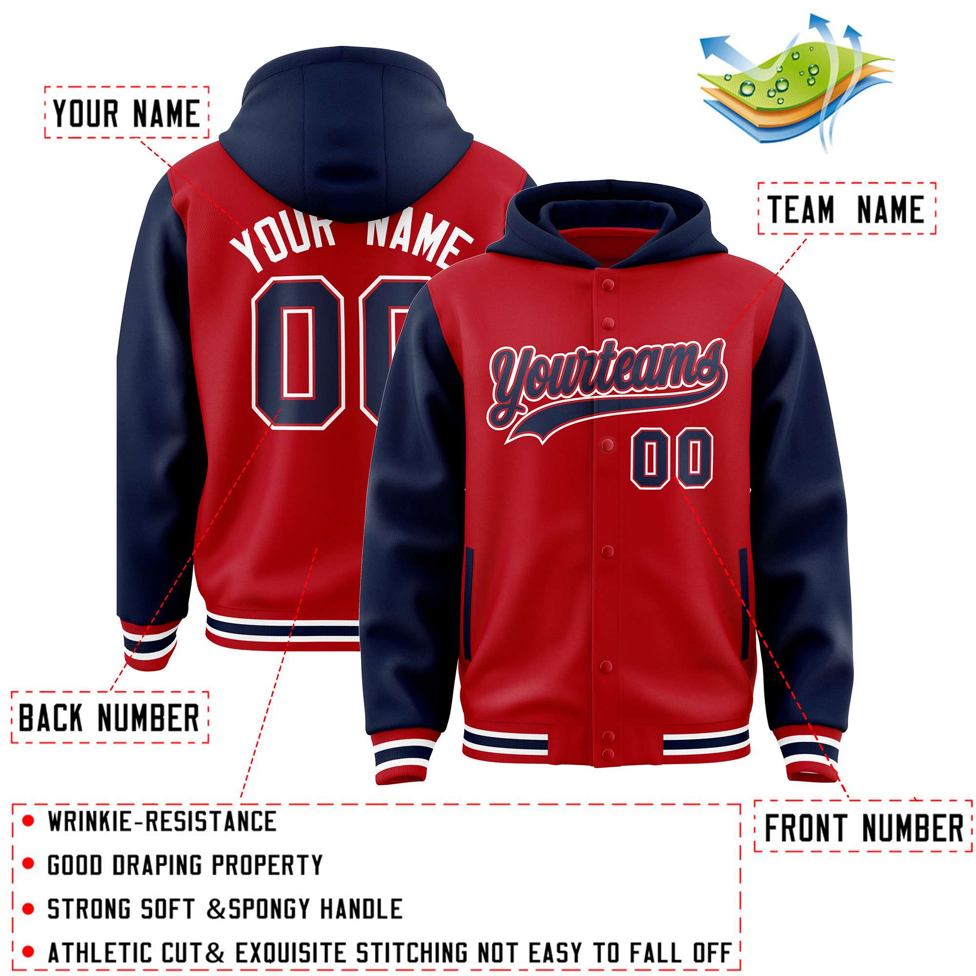 Custom Red Navy Raglan Sleeves Varsity Full-Snap Letterman Two Tone Jacket Hoodie| KXKSHOP