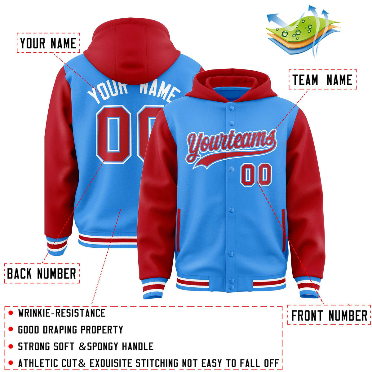 Custom Powder Blue Red Raglan Sleeves Varsity Full-Snap Letterman Two Tone Jacket Hoodie| KXKSHOP