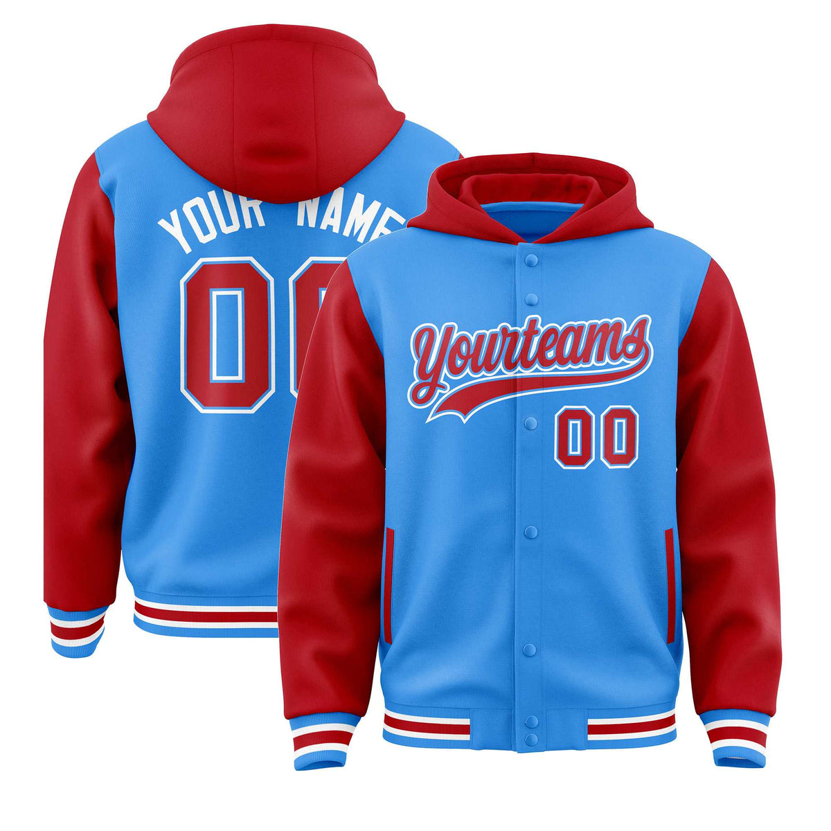 Custom Powder Blue Red Raglan Sleeves Varsity Full-Snap Letterman Two Tone Jacket Hoodie| KXKSHOP