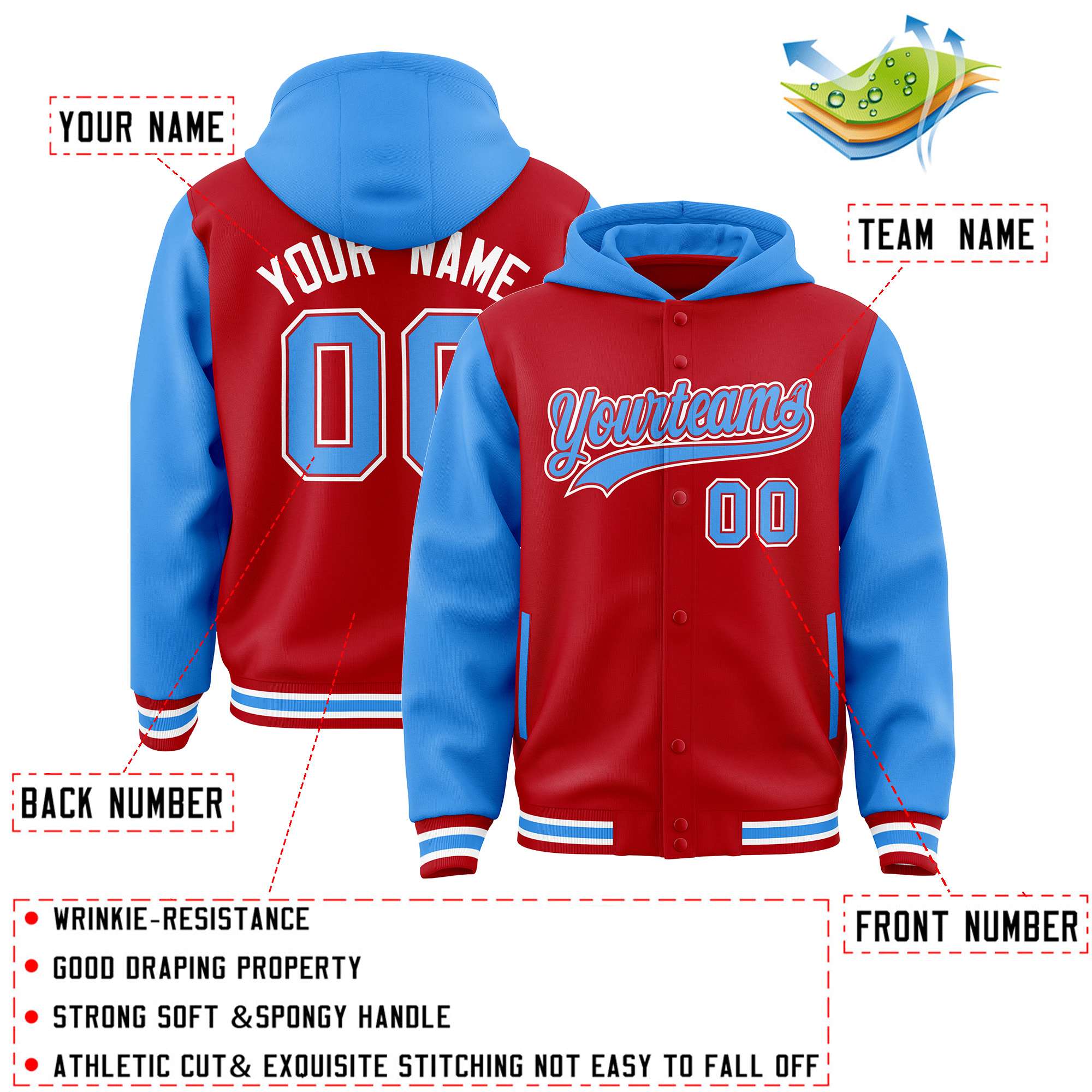 Custom Red Powder Blue Raglan Sleeves Varsity Full-Snap Letterman Two Tone Jacket Hoodie| KXKSHOP