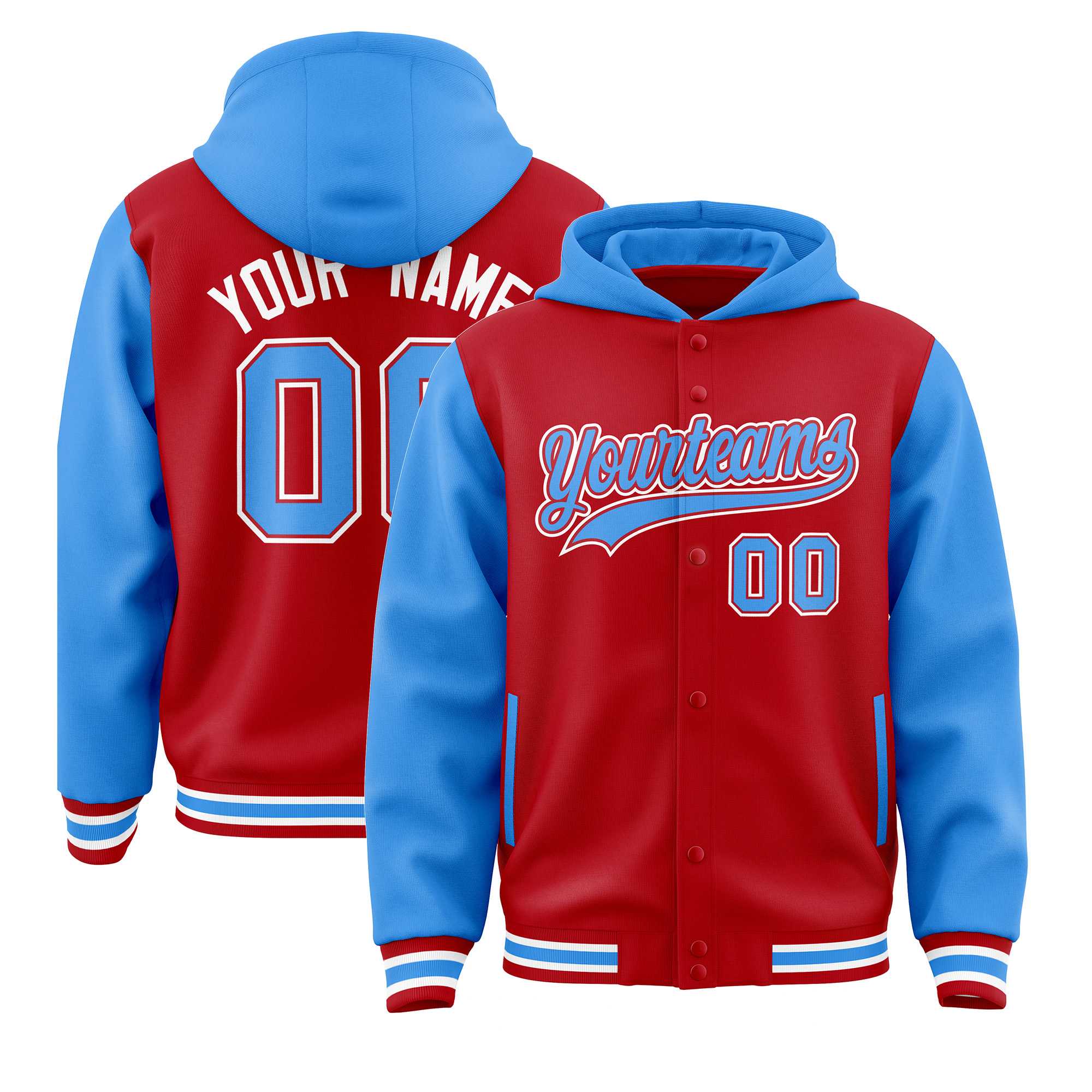 Custom Red Powder Blue Raglan Sleeves Varsity Full-Snap Letterman Two Tone Jacket Hoodie| KXKSHOP