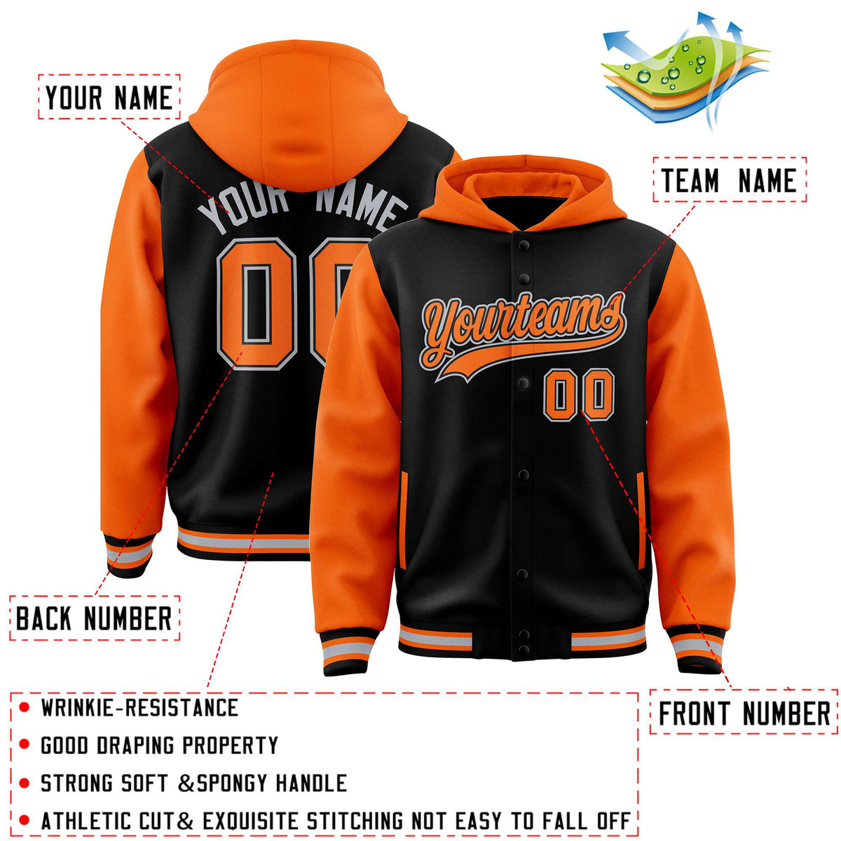 Custom Black Orange Raglan Sleeves Varsity Full-Snap Letterman Two Tone Jacket Hoodie| KXKSHOP
