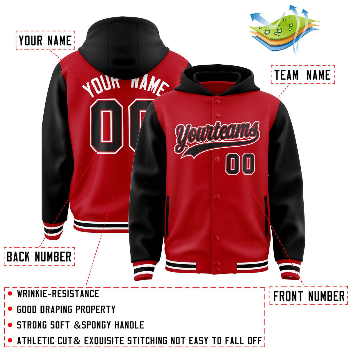Custom Red Black Raglan Sleeves Varsity Full-Snap Letterman Two Tone Jacket Hoodie| KXKSHOP