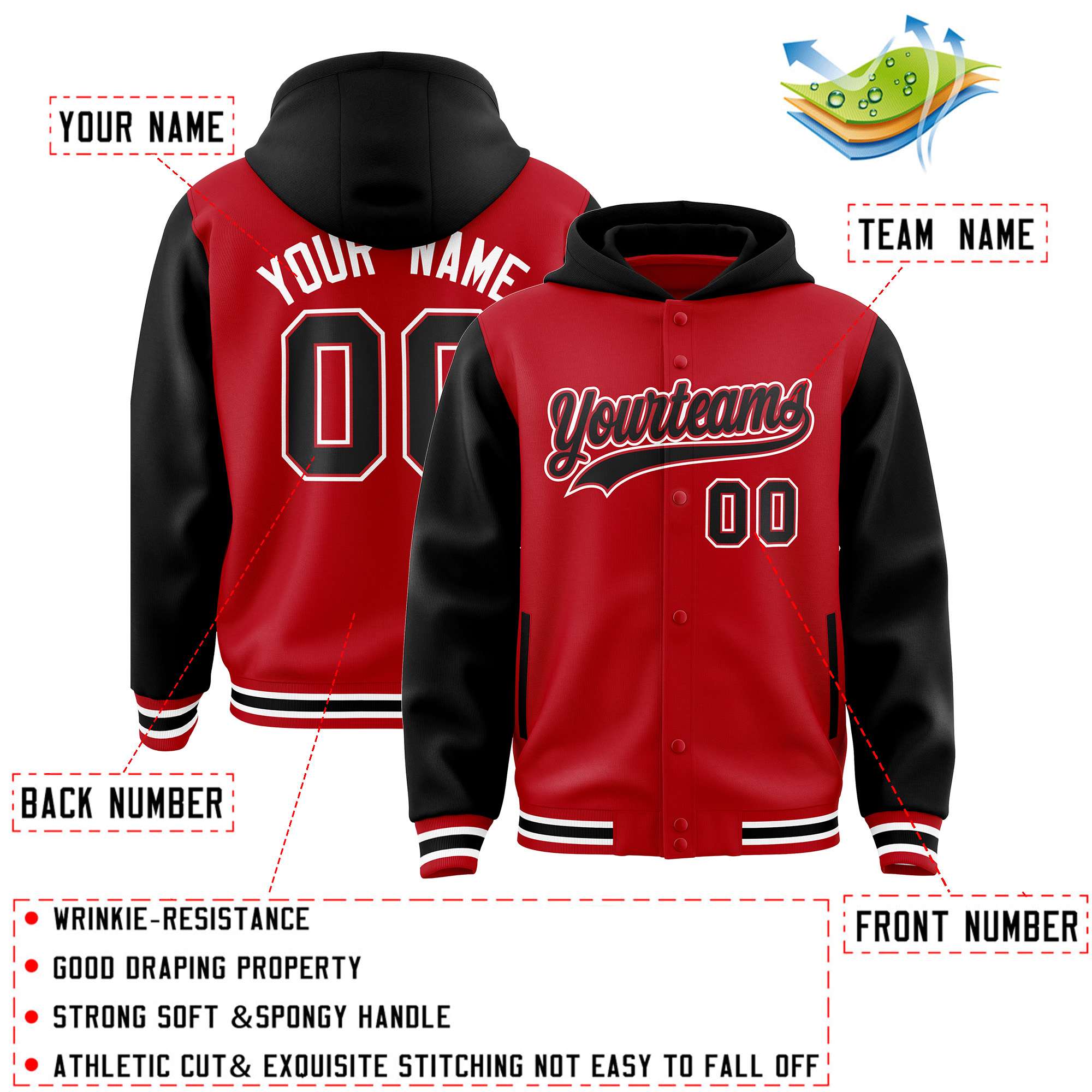 Custom Red Black Raglan Sleeves Varsity Full-Snap Letterman Two Tone Jacket Hoodie| KXKSHOP