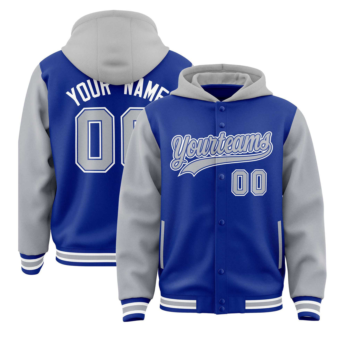 Custom Royal Gray Raglan Sleeves Varsity Full-Snap Letterman Two Tone Jacket Hoodie| KXKSHOP