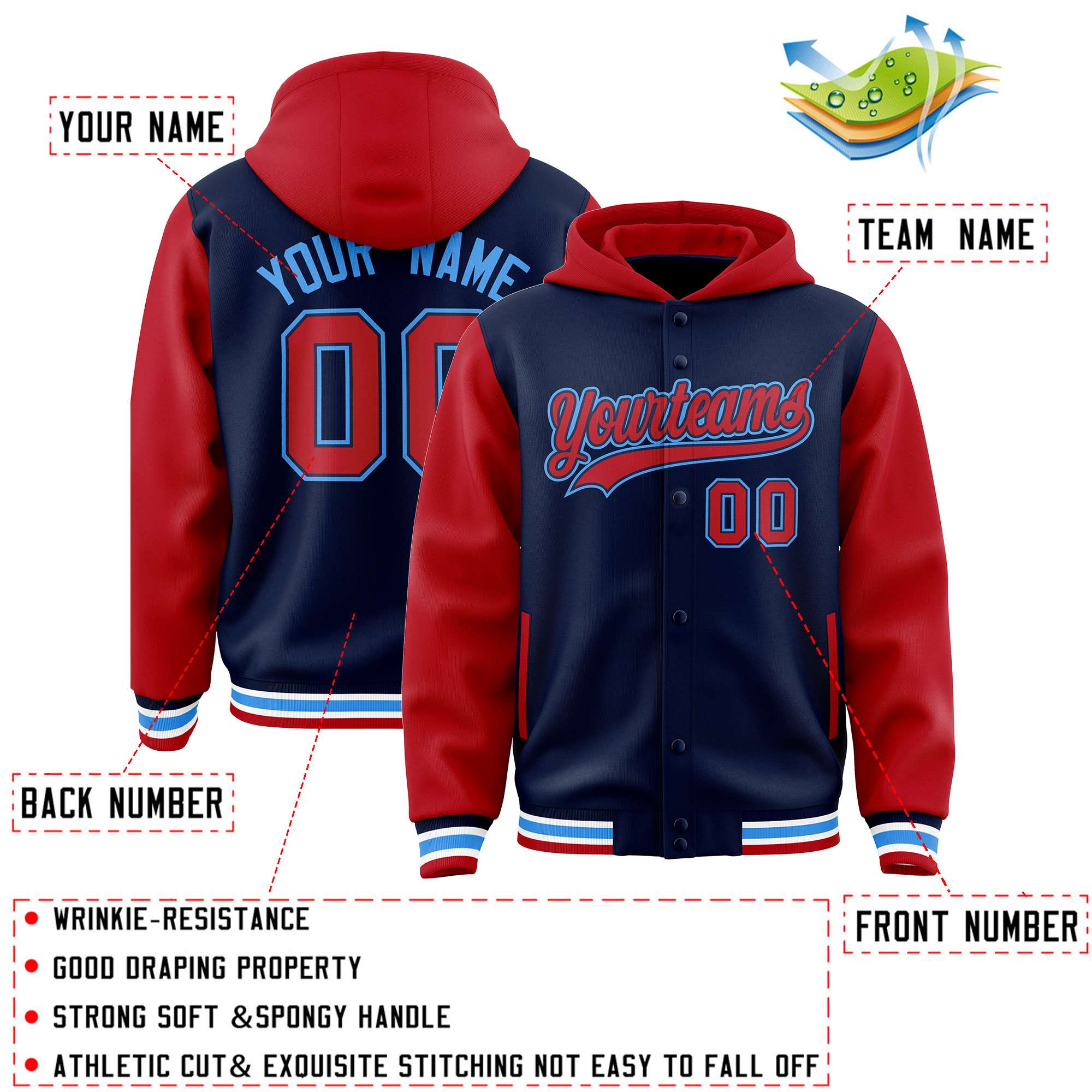 Custom Navy Red Raglan Sleeves Varsity Full-Snap Letterman Two Tone Jacket Hoodie| KXKSHOP