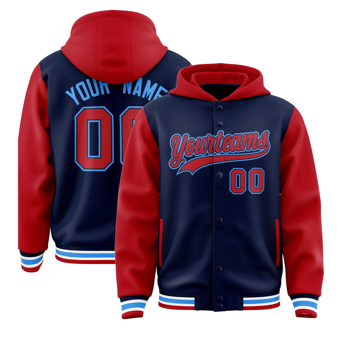 Custom Navy Red Raglan Sleeves Varsity Full-Snap Letterman Two Tone Jacket Hoodie| KXKSHOP