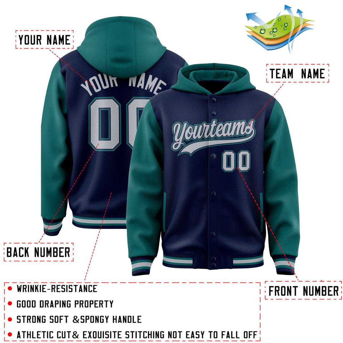 Custom Navy Aqua Raglan Sleeves Varsity Full-Snap Letterman Two Tone Jacket Hoodie| KXKSHOP