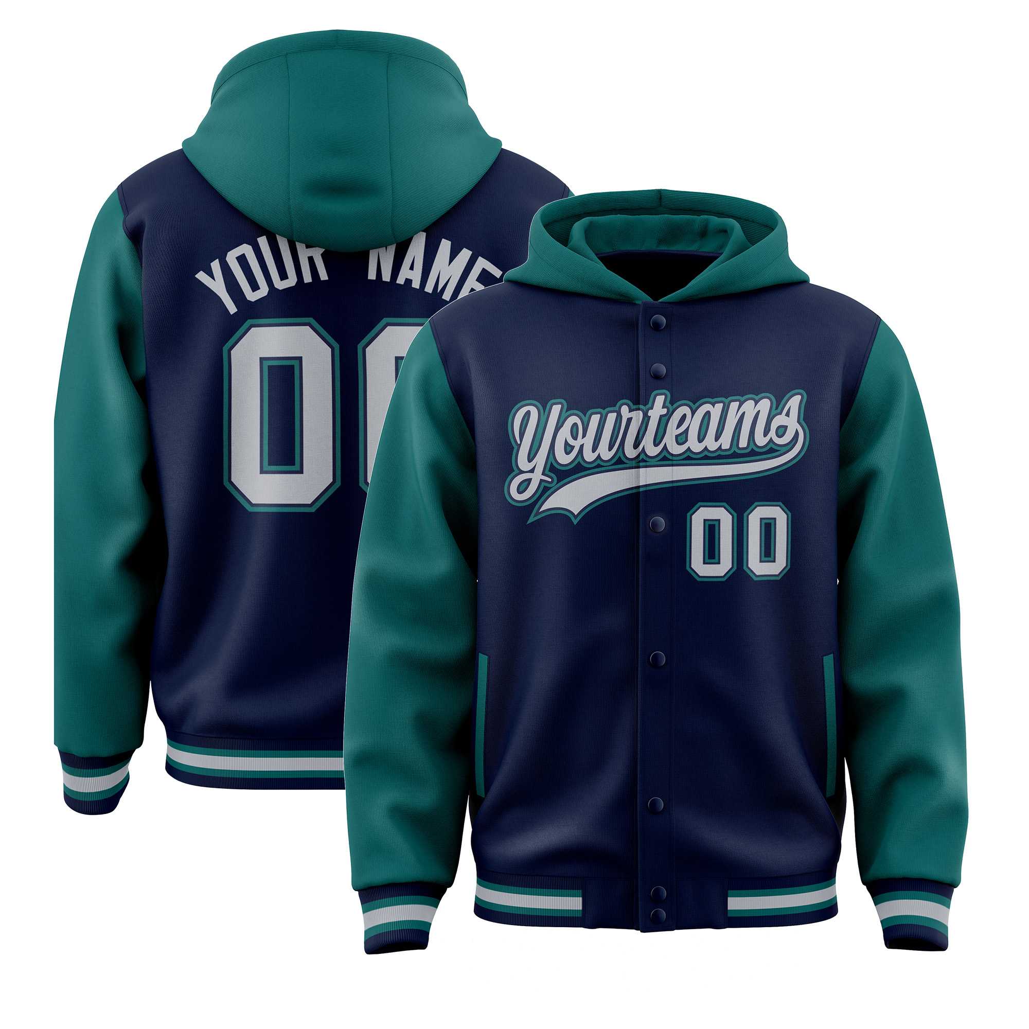 Custom Navy Aqua Raglan Sleeves Varsity Full-Snap Letterman Two Tone Jacket Hoodie| KXKSHOP