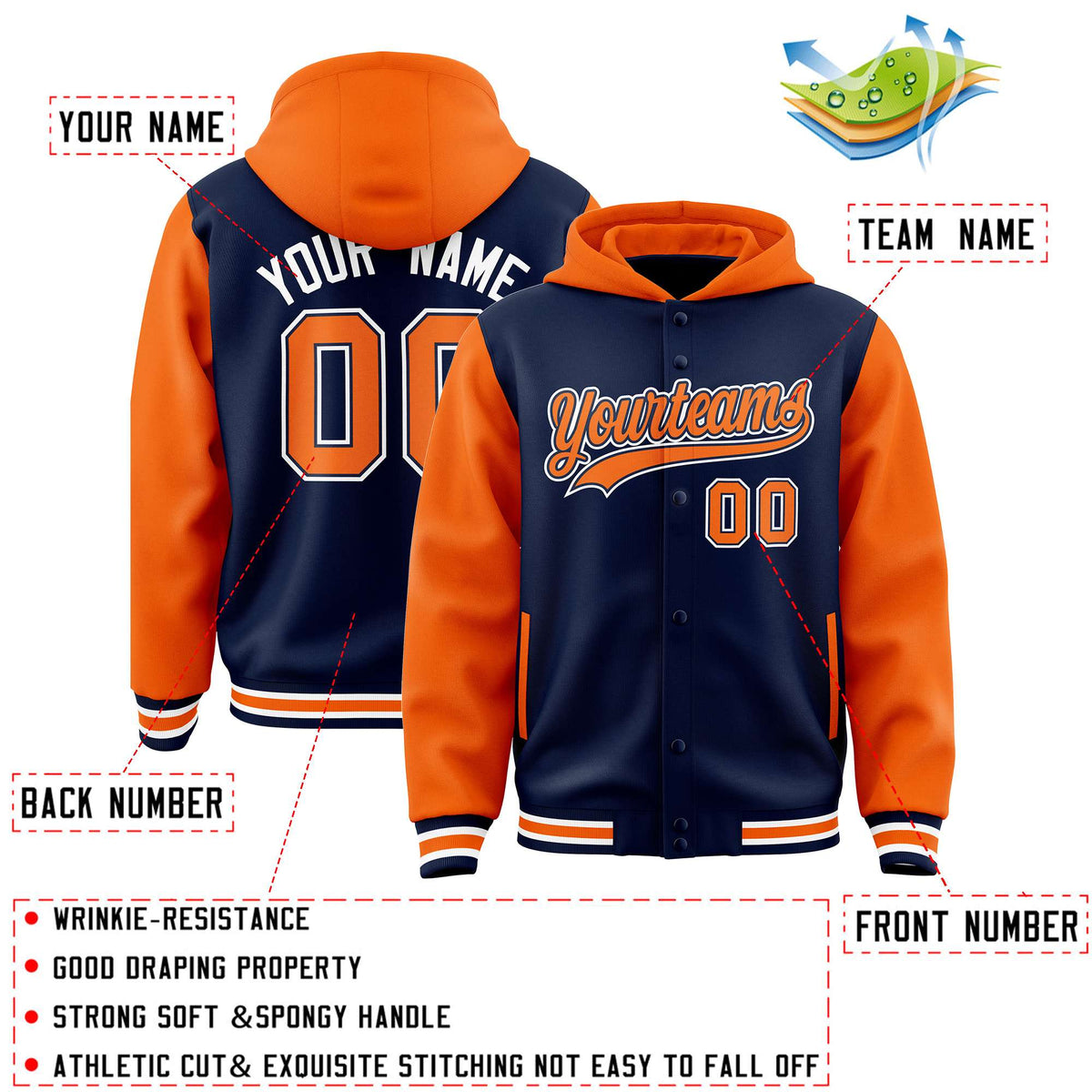 Custom Navy Orange Raglan Sleeves Varsity Full-Snap Letterman Two Tone Jacket Hoodie| KXKSHOP