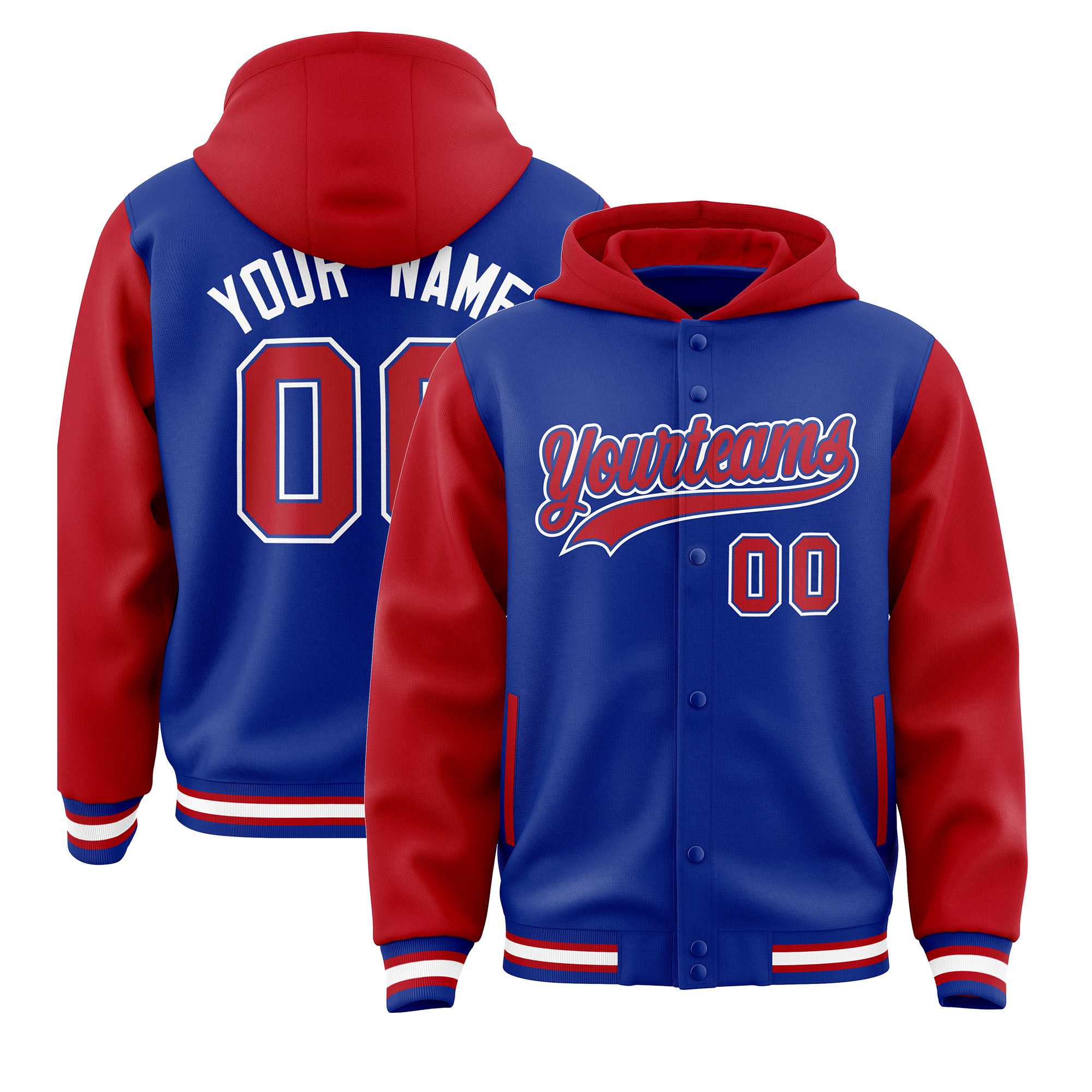 Custom Royal Red Raglan Sleeves Varsity Full-Snap Letterman Two Tone Jacket Hoodie| KXKSHOP