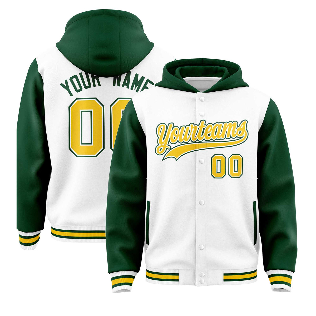 Custom White Green Raglan Sleeves Varsity Full-Snap Letterman Two Tone Jacket Hoodie| KXKSHOP