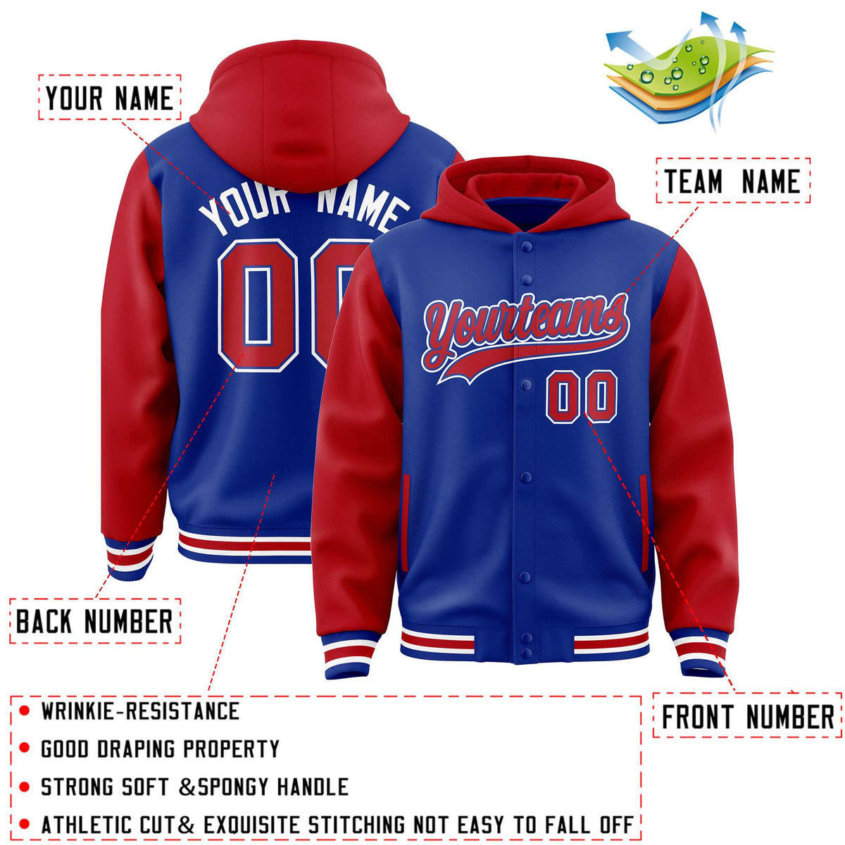 Custom Royal Red Raglan Sleeves Varsity Full-Snap Letterman Two Tone Jacket Hoodie| KXKSHOP