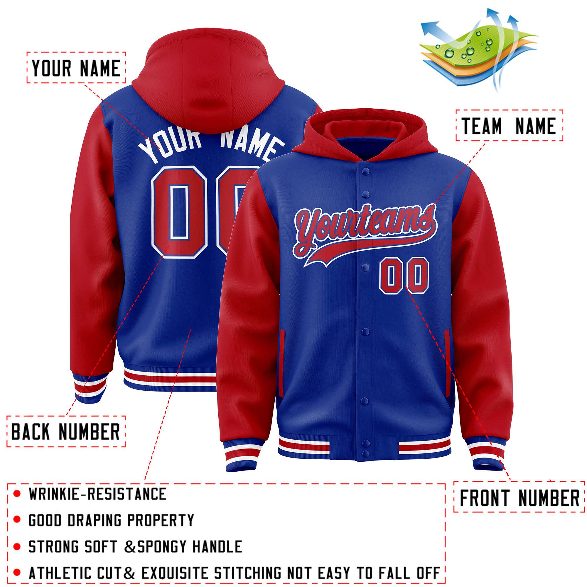 Custom Royal Red Raglan Sleeves Varsity Full-Snap Letterman Two Tone Jacket Hoodie| KXKSHOP