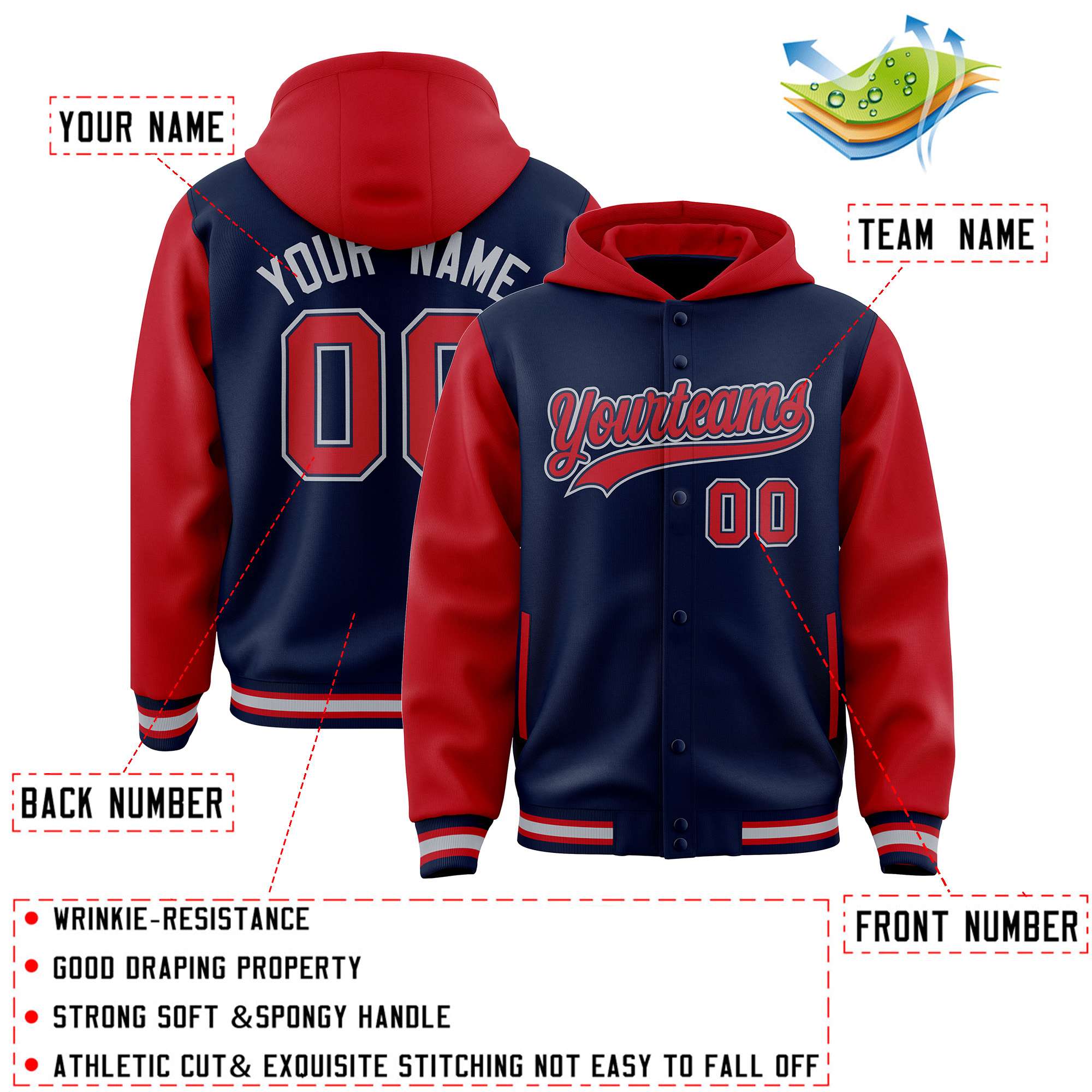Custom Navy Red Raglan Sleeves Varsity Full-Snap Letterman Two Tone Jacket Hoodie| KXKSHOP